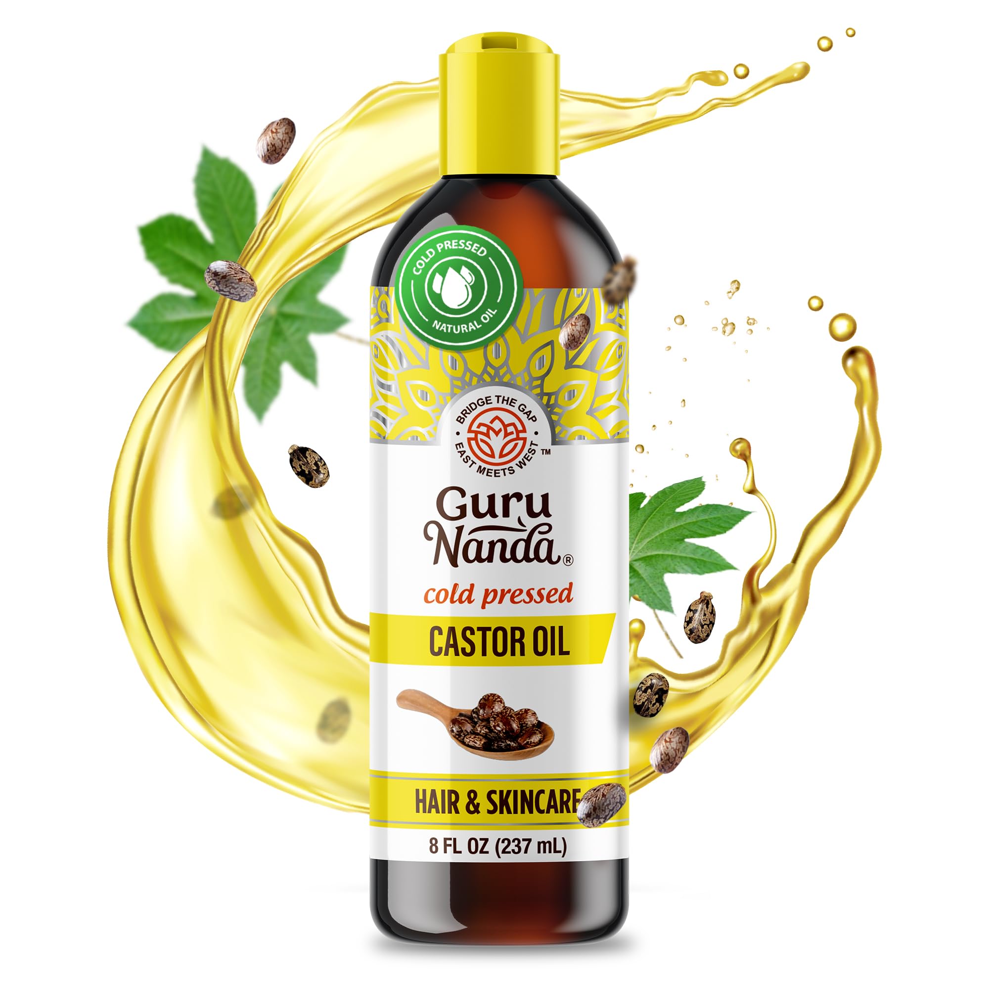 GuruNandaCastor Oil (8 Fl oz), 100% Pure, Cold Pressed & Hexane-Free, Hydrating Carrier Oil, Natural Castor Oil for Hair, Eyebrows & Eyelashes Growth