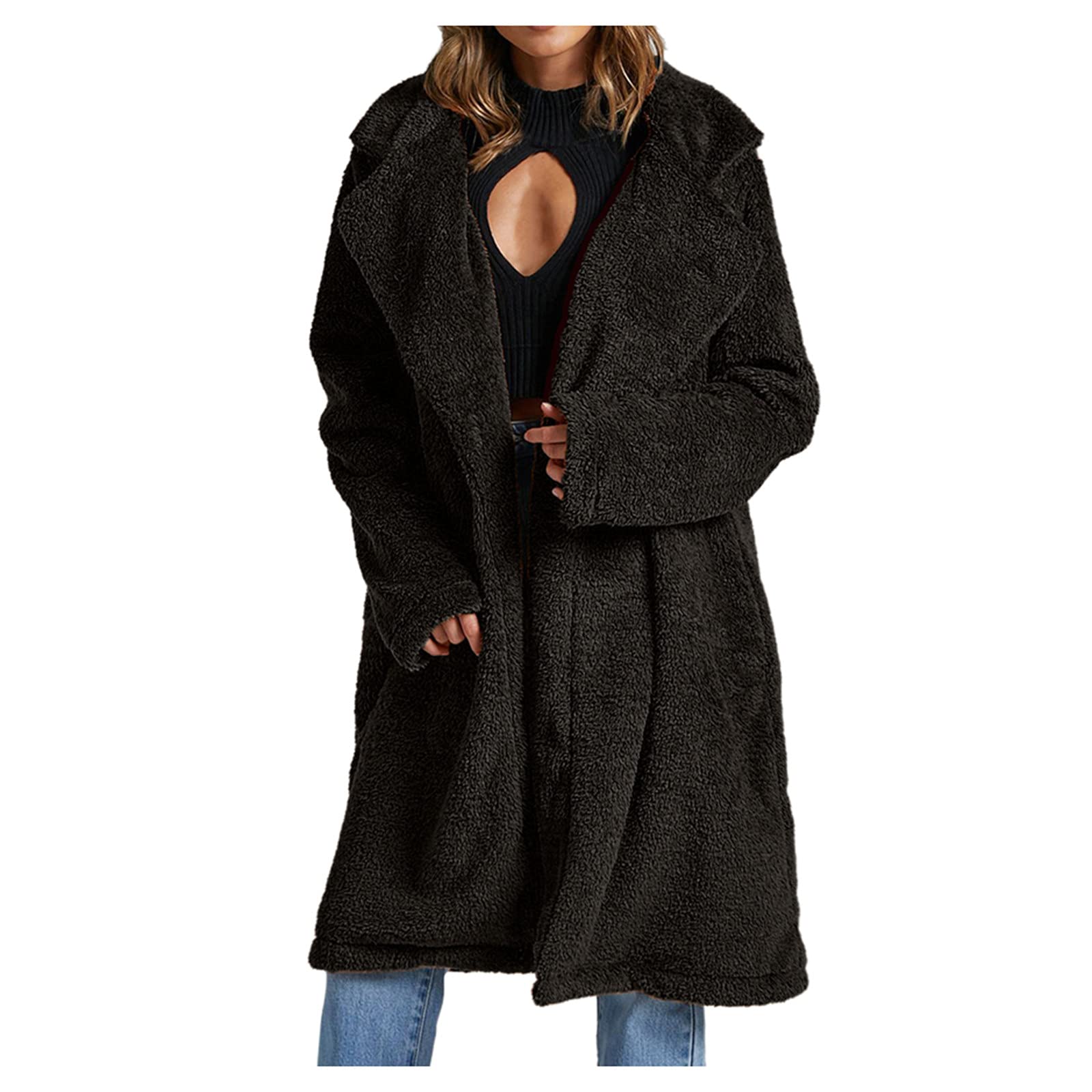 HOOUDOWomen's Fluffy Coats Faux Fur Oversized Jacket Outwear Coat with Pockets Comfy Long Sleeve Overcoat Casual Long Warm Teddy Fleece Cardigans Trendy Jackets