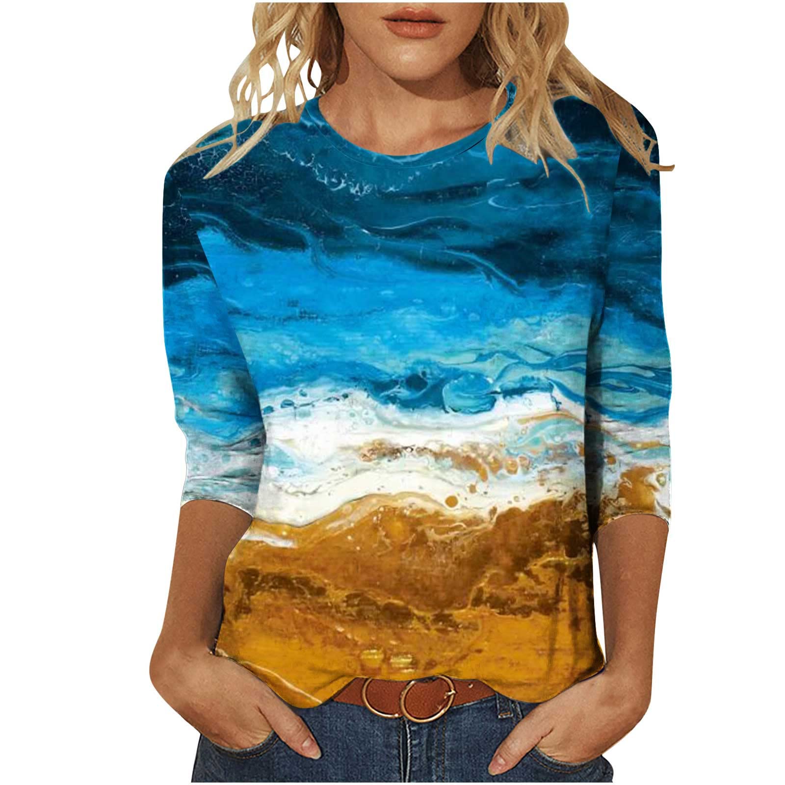 Womens 3/4 Sleeve Shirt Summer Beach Floral Print Blouses Casual Loose Comfy Plus Size Crewneck Pullover Tops