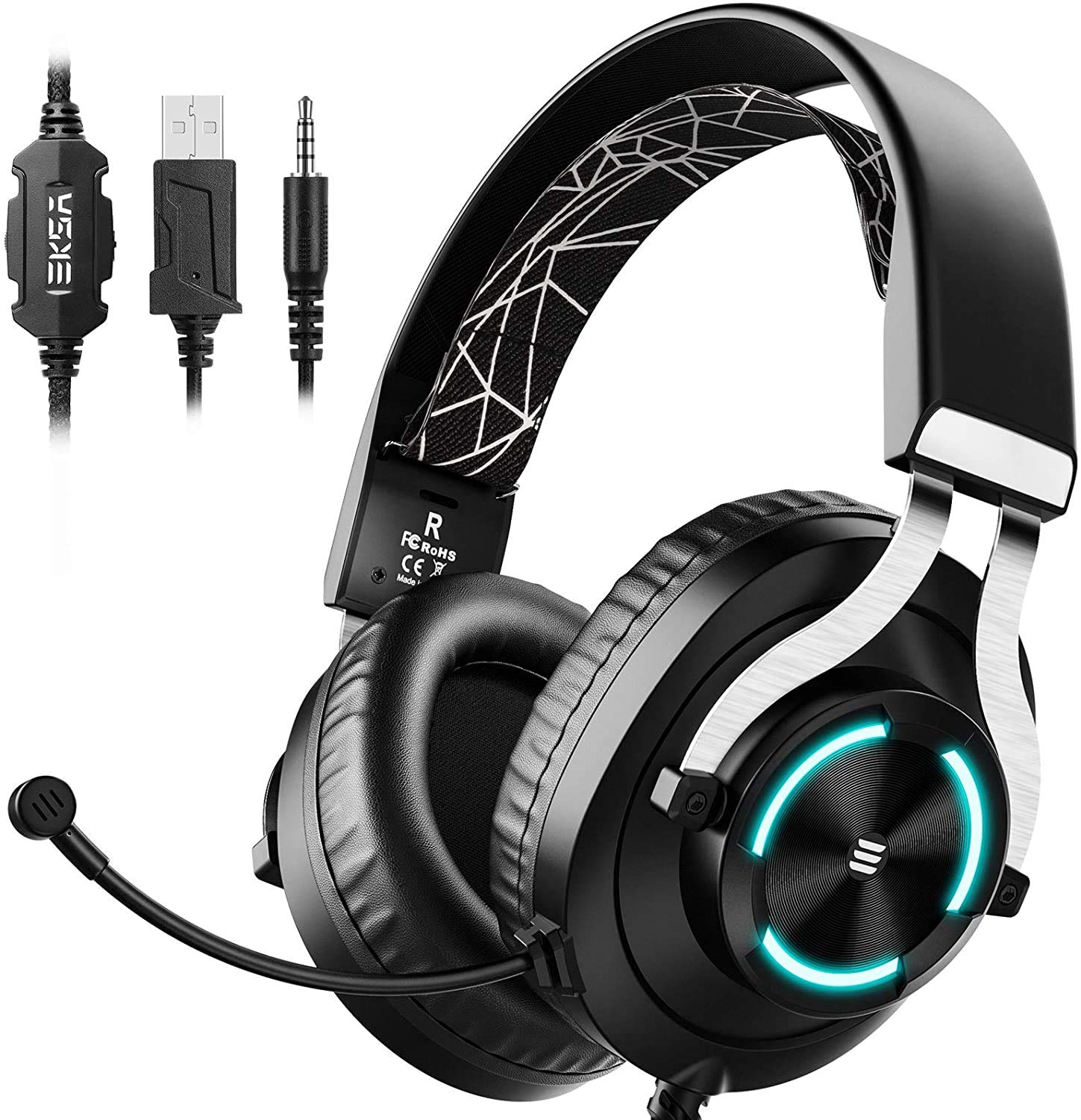 EKSAE3000 Gaming Headset for Xbox One PC Headset with Noise Cancelling Mic, RGB Light & In-Line Control, Gaming Headphones for PC, Laptop, PS4, PS5, Nintendo Switch, Xbox One (S/X)