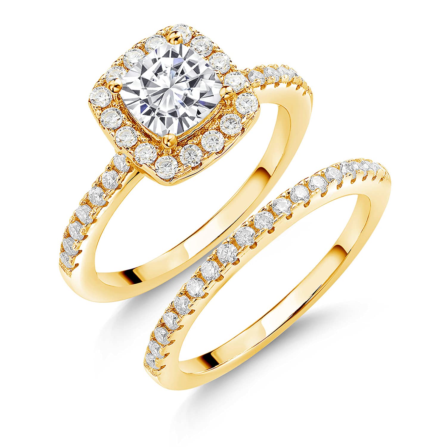 Gem Stone King18K Yellow Gold Plated Silver Moissanite Wedding Engagement Ring Band Bridal Set (1.62 Cttw, Cushion 6MM, Available in size 5, 6, 7, 8, 9)