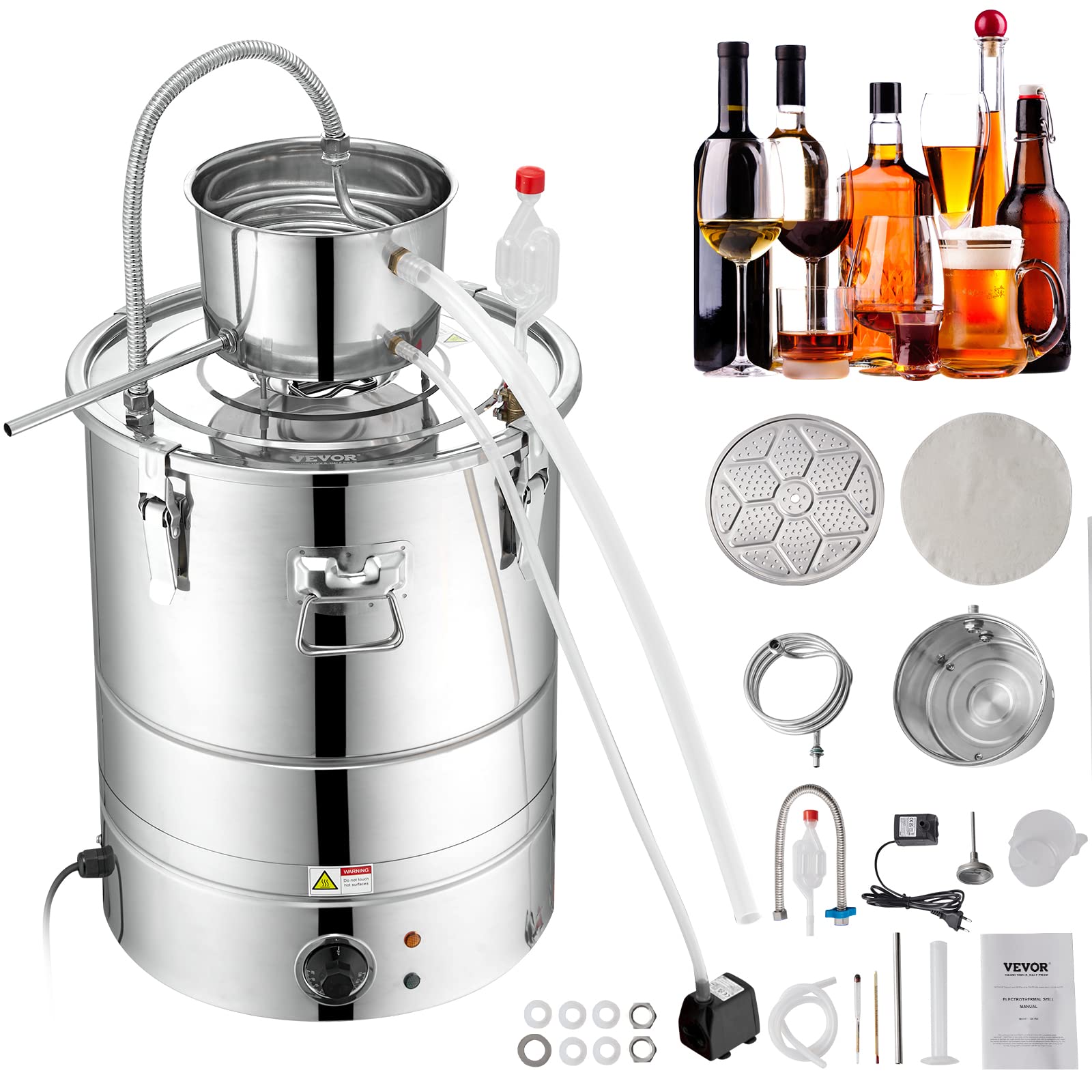 VEVORElectric Alcohol Still 8Gal/30L, Alcohol Distiller, Distillery Kit for Alcohol include Pump & One-way Exhaust Valve & Thermometer