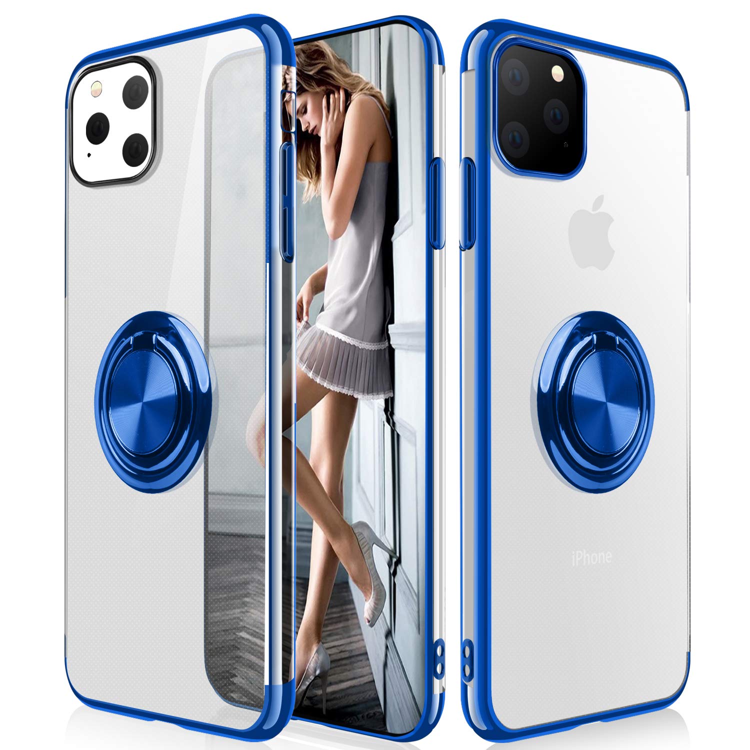 WATACHE Clear Crystal Ultra Slim Soft TPU Electroplated Frame Case Cover with Built-in 360 Rotatable Ring Kickstand for Apple iPhone 11 Pro Max Blue APG0211