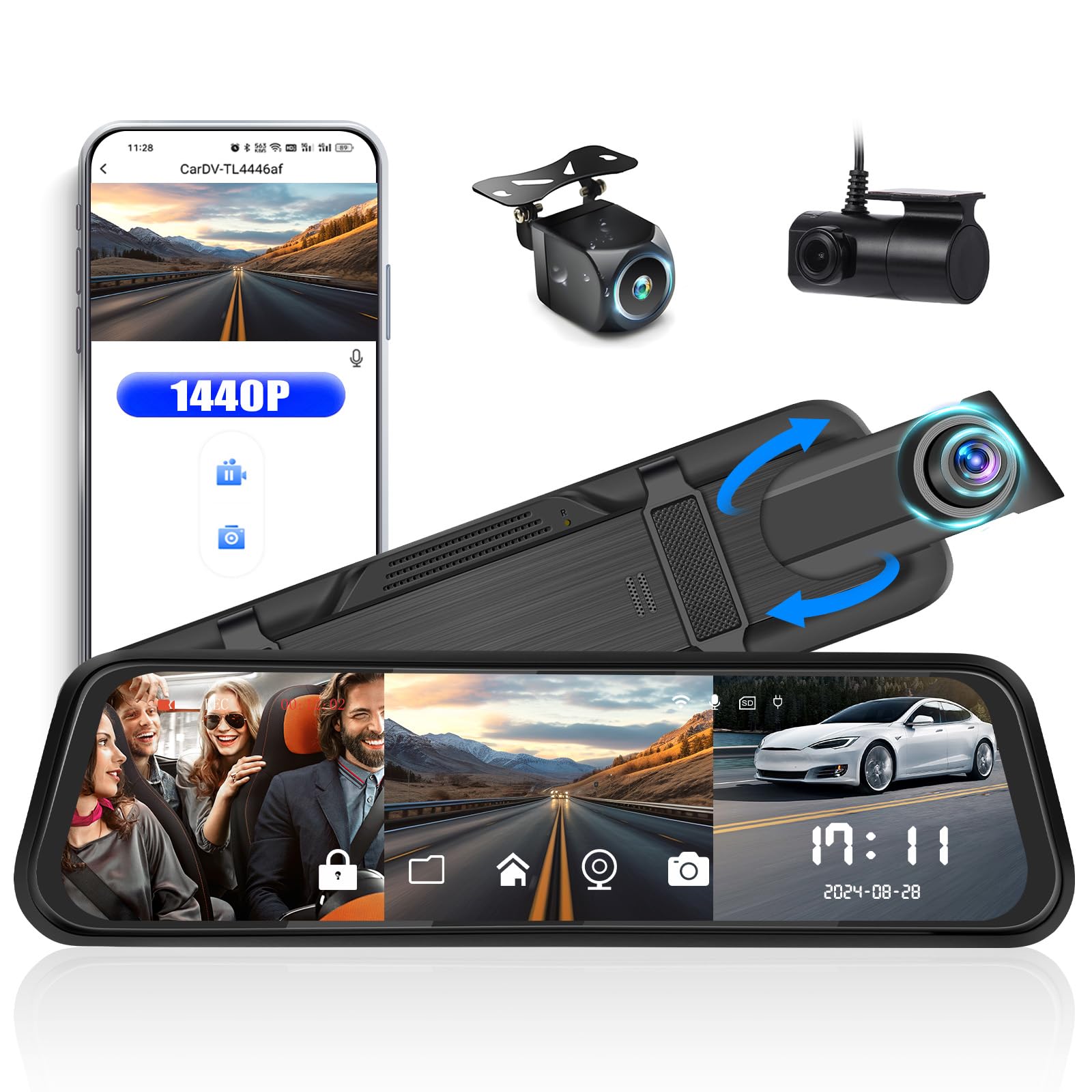 AMprime 1440P Mirror Dash Cam,3 Channels 9.66 Inch Rear View Mirror Camera Triple Mirror Dash Cam Night Vision,G-Sensor,Parking Assistance,APP Control,24H Parking Monitor,AHD Waterproof Backup Camera