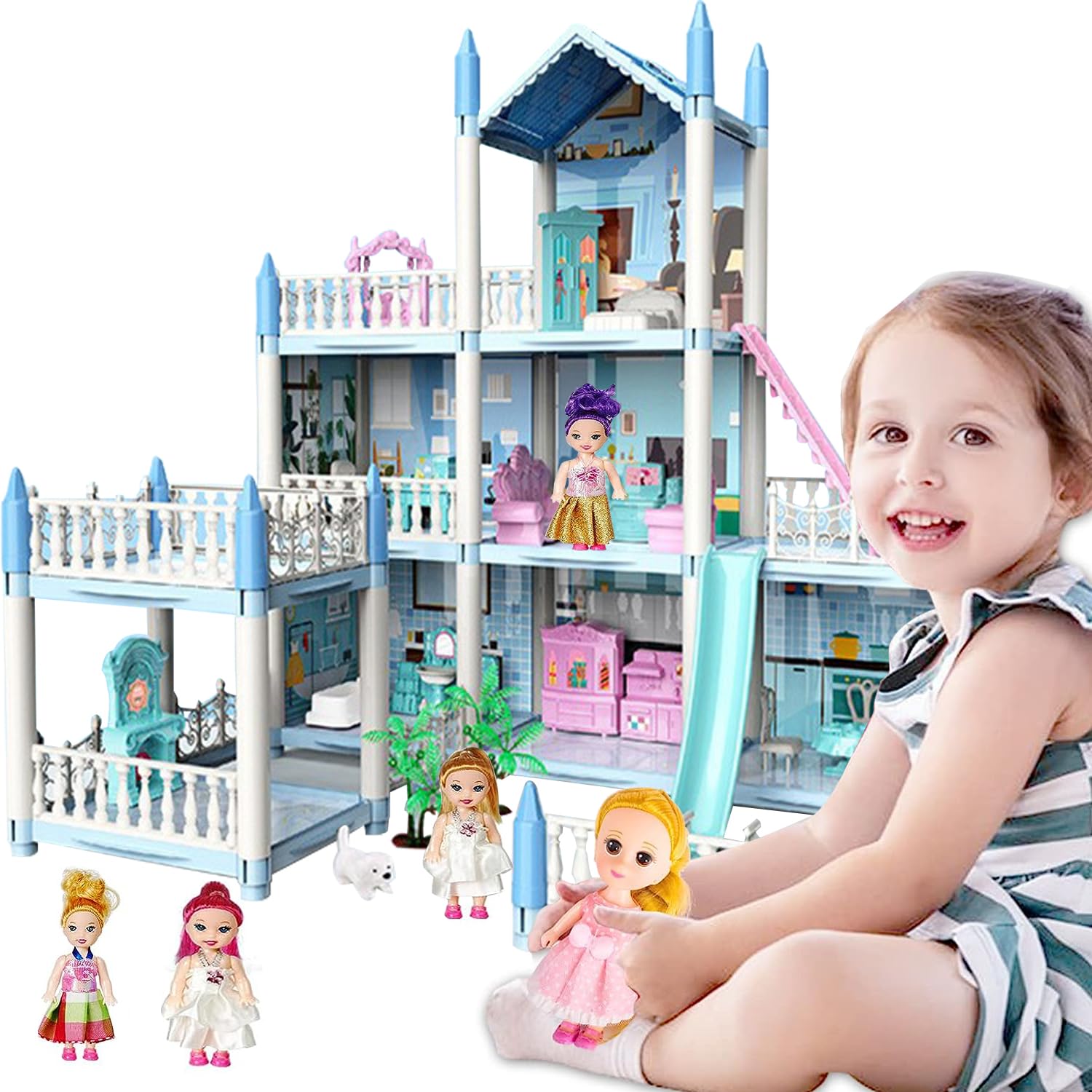 COliEN Doll House Dreamhouse for Girls, Dollhouse with LED Light, 3 Dolls Toy Figures DIY Building Pretend Playhouse with Accessories and Furniture, Gift Toy for Kids Ages 3+