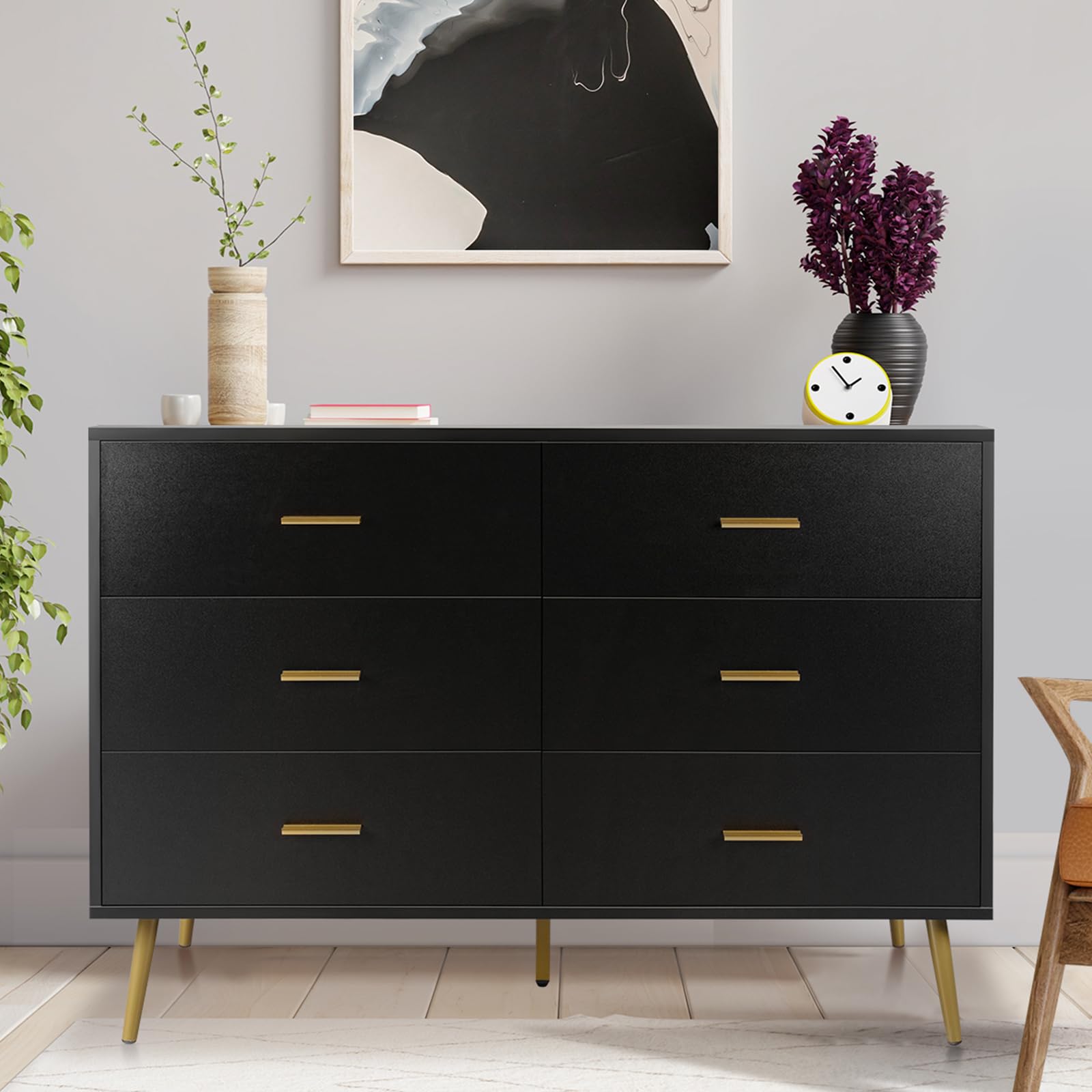 6 Drawer Dresser for Bedroom, Wood Black Dresser with Metal Handles, Chest of Drawers, Sturdy Frame Bedroom Furniture, Dresser with Drawers for Closet Hallway, Living Room