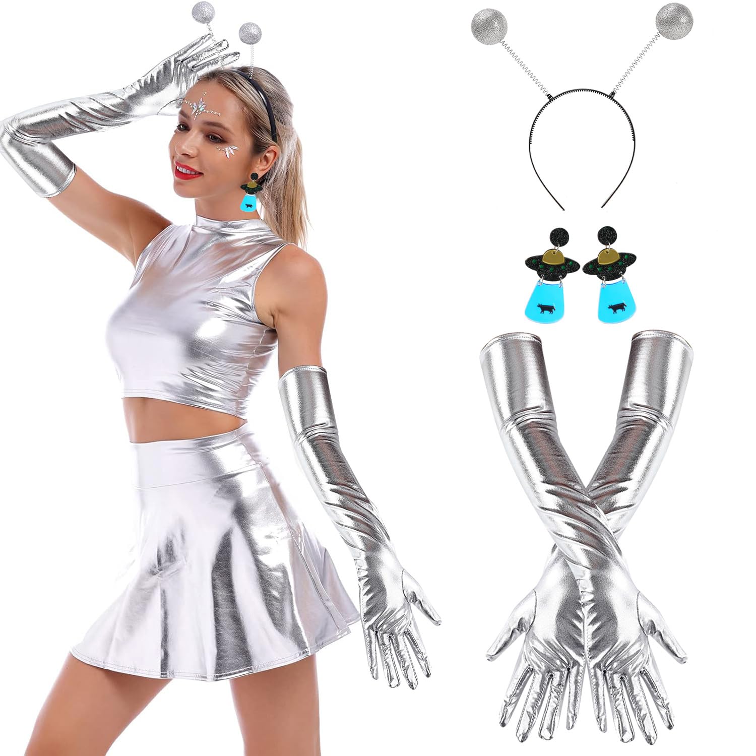 Gcffom Alien Costume Set, Women's Alien Costume with Alien Headband, Silver Gloves, Acrylic UFO Earrings, Alien Costume Accessories for Women, Fancy Dress, Adult, Alien Cosplay