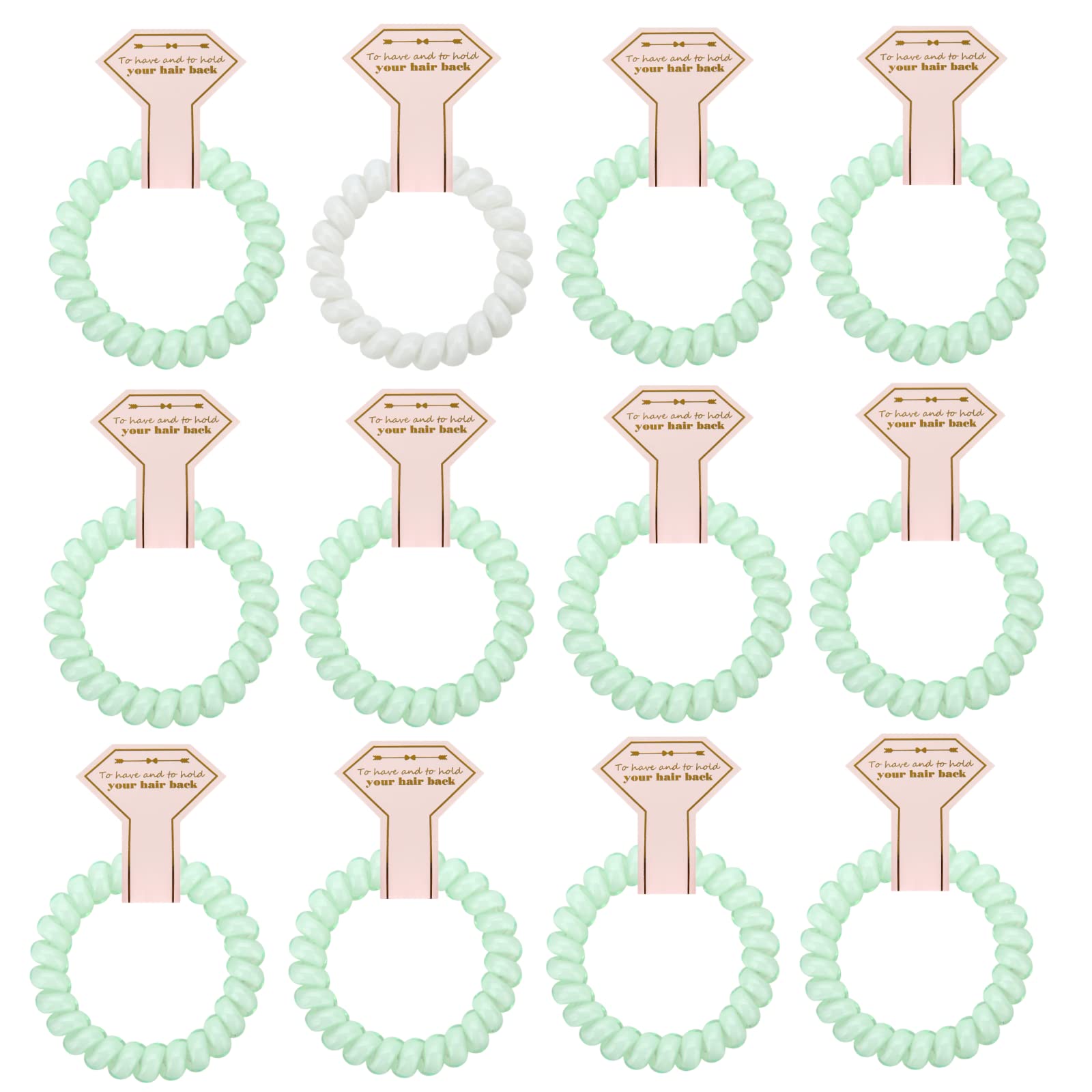 Loanzeg 12pcs Bachelorette Party Hair Ties with Diamond Card,Spiral Cord Hair Coils Bachelorette Party Proposal Gifts Elastics Bridesmaid Gift for Bridal Wedding women Parties guests Decorations Favors gifts (White&Sage Green)