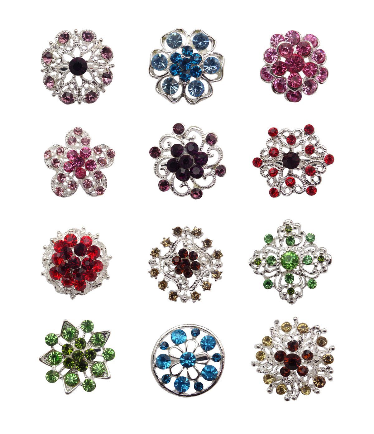 TOOKY 12pcs Mix Set Crystal Button Brooches Scarves Buckle Floriated Brooch Pin Rhinestone Corsage Bouquet Kit Wholesale Lot (Color)