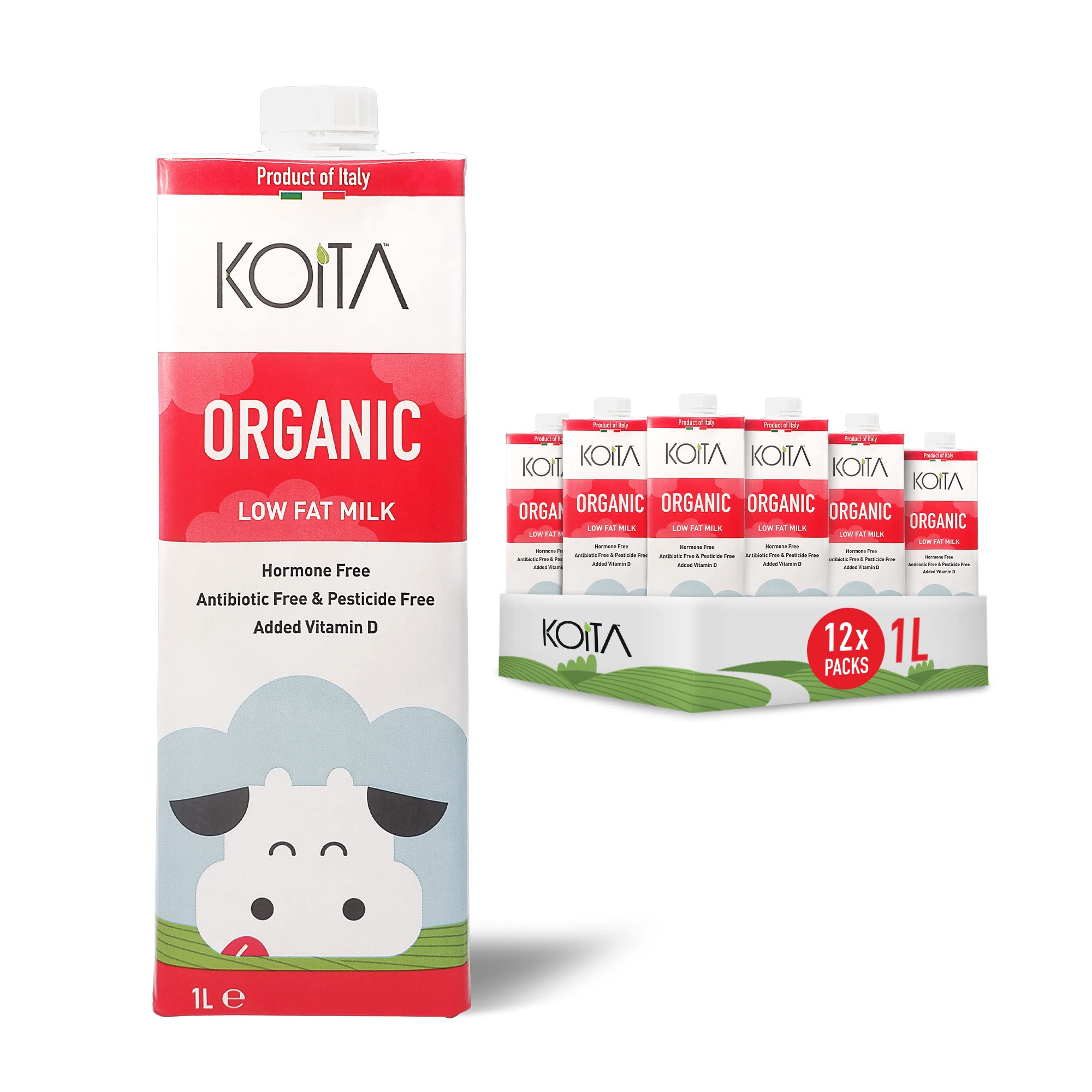 Koita Organic Low Fat Milk (1L, 12-Pack) - Premium Italian Milk Enriched With Vitamins A & D3, EU Certified Organic.