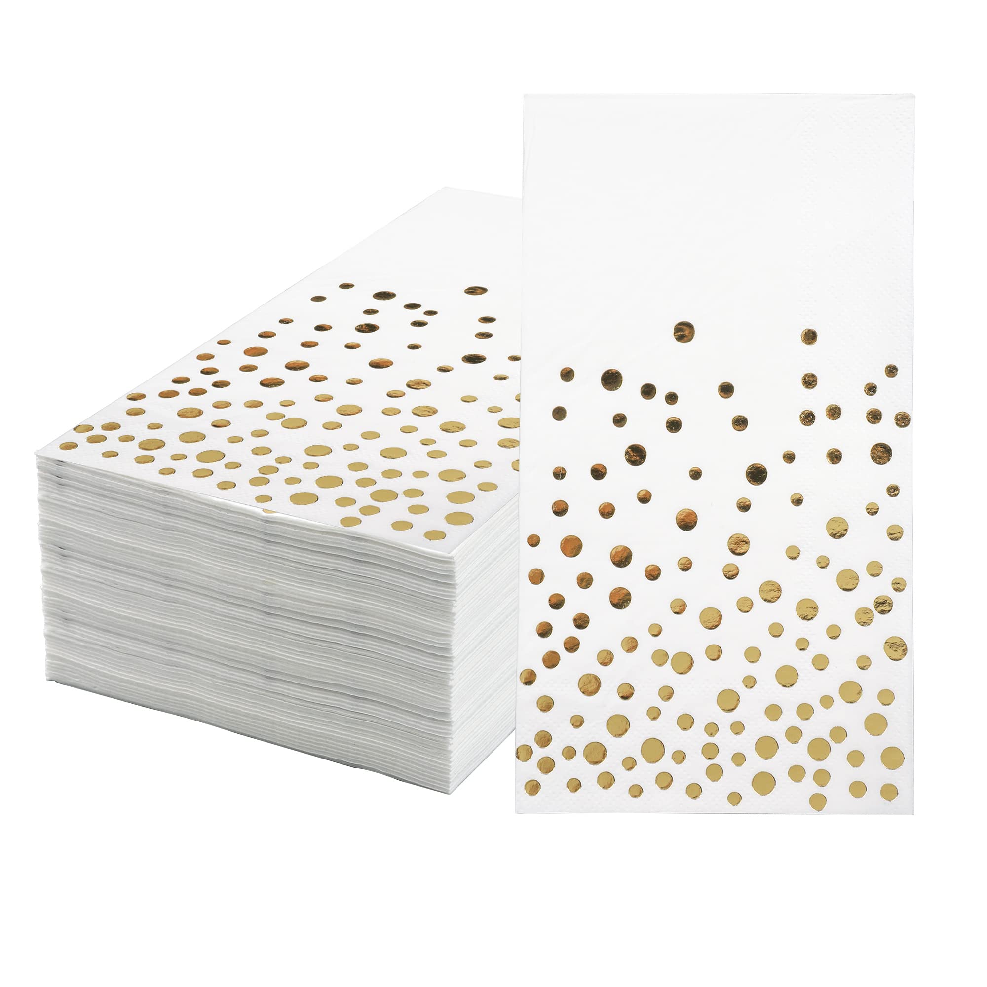 Pack of 120 Gold Foil Guest Napkins White and Golden Polka Dots Disposable Hand Towels Metallic Dinner Paper Napkins for Wedding Baby Bridal Shower Bathroom Party Supplies, 4.3" x 7.8"