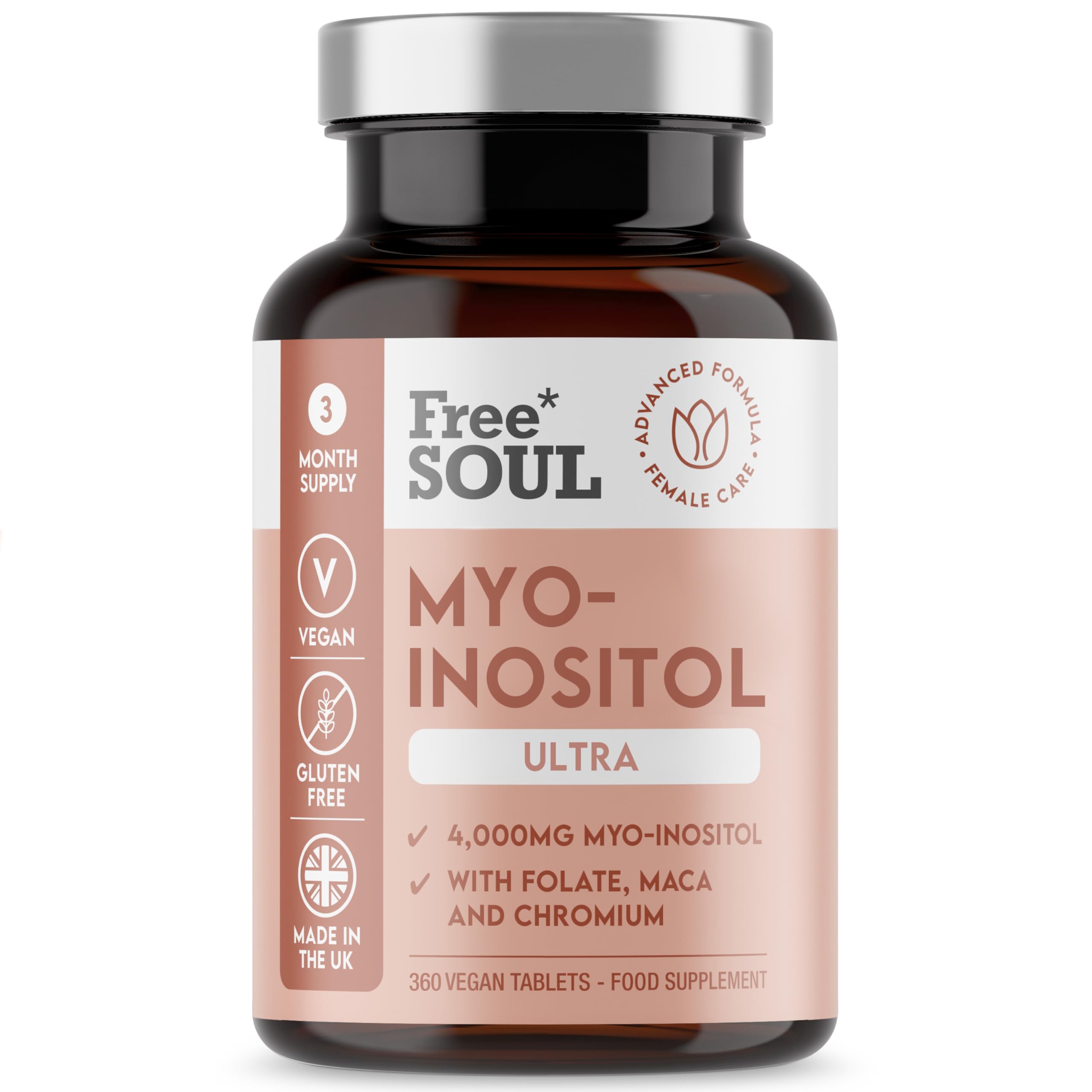 Free SoulMyo-Inositol Ultra Supplement – 4,000mg Myo-Inositol, 200ug Folate, 100ug Chromium Plus 10,000mg Maca for Women – Supplements for Women, Vegan & Gluten-Free – 360 Tablets