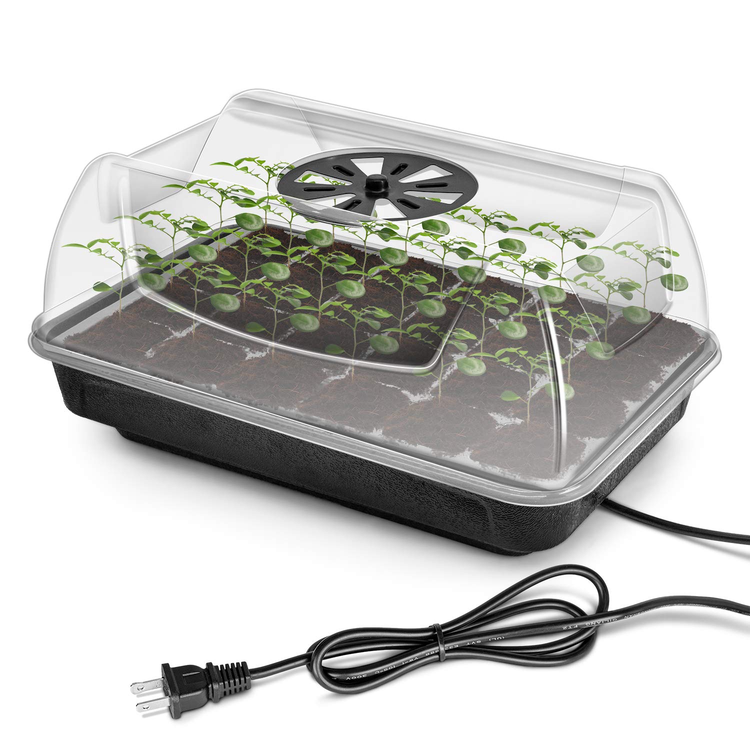 iPowerHeating Seed Starter Germination Kit Seedling Propagation Tray with Heater and 5in Vented Humidity Dome, 1-Pack, Black&Transparent