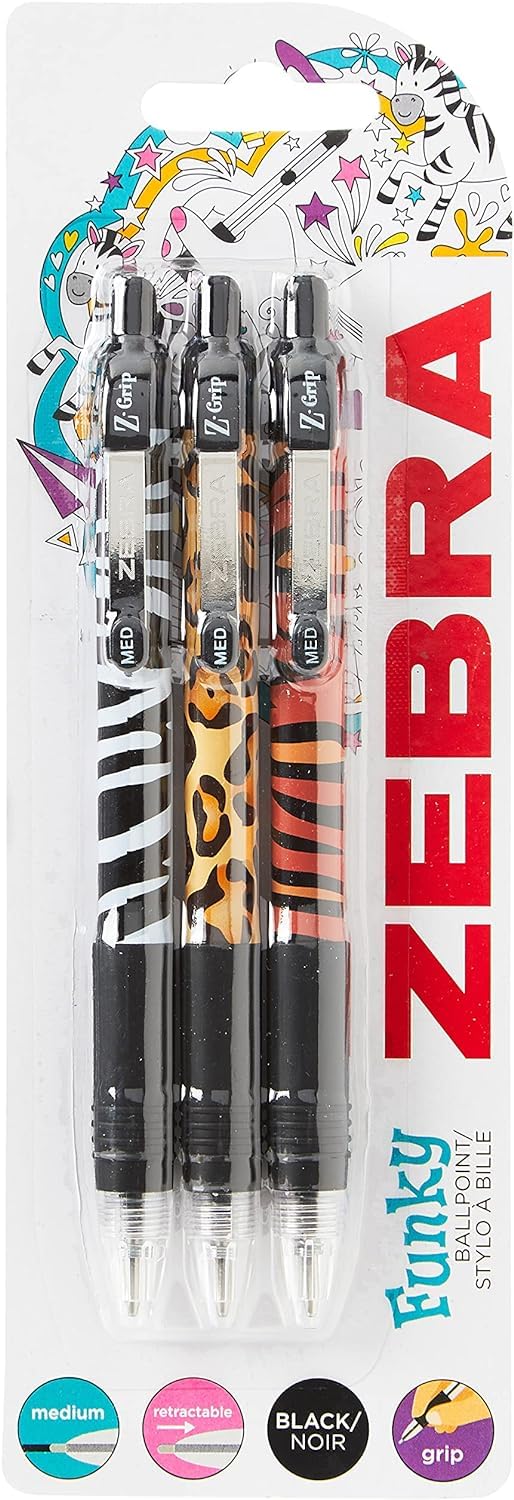 ZEBRA Pen Z Grip Black Pens Ballpoint, Smooth & Funky Ballpoint Pens With Pocket Clip, Retractable Black Ink Ballpoints, Reliable Black Biro Multipack - Animal Design, 3pk, packaging may vary