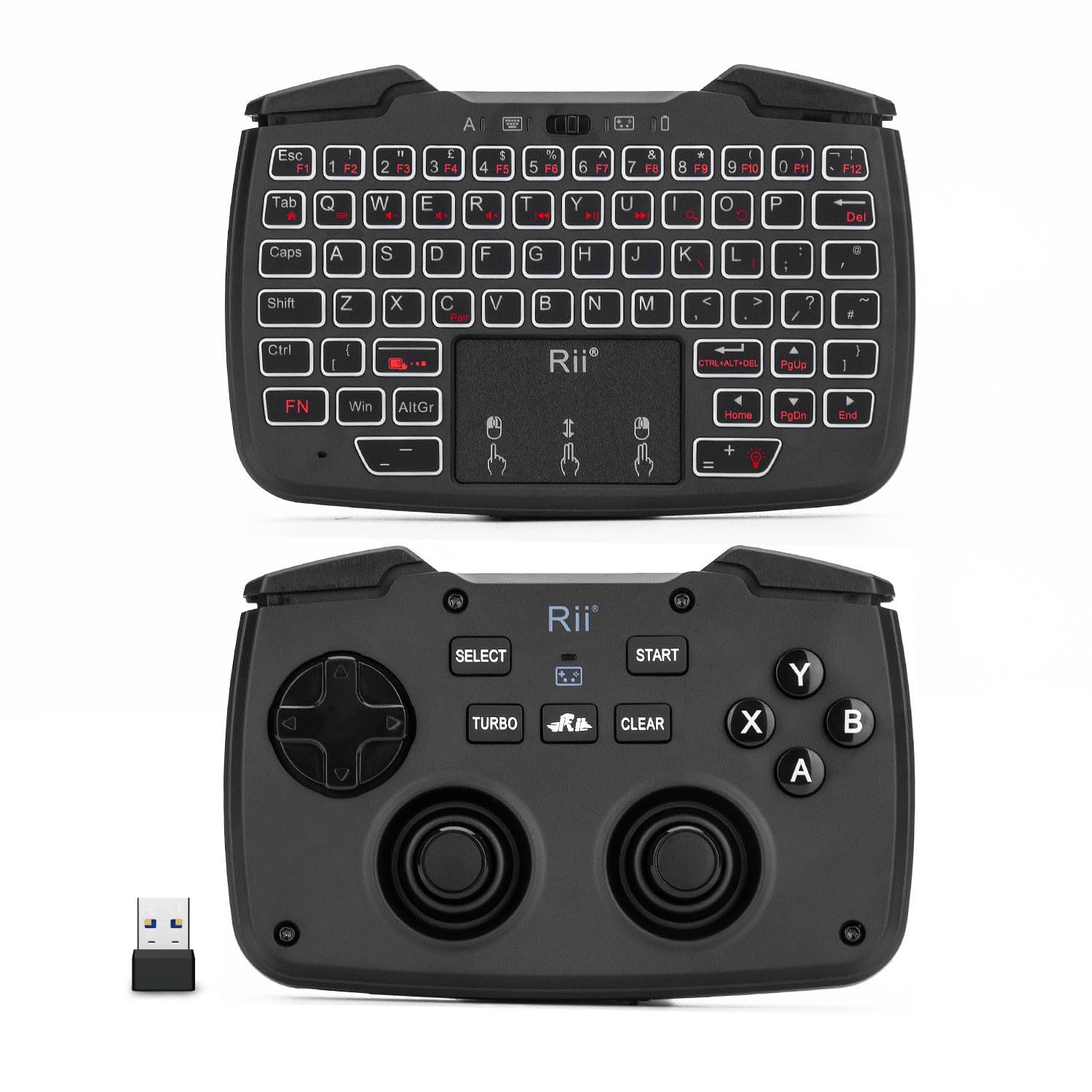 RiiRK707 Mini Keyboard and Mouse Combo with Trackpad, Media Keyboard Mouse with Game Controller, 62-Key Rechargeable Backlit Turbo Vibration for PC/Raspberry pi2/Android TV Google/TV