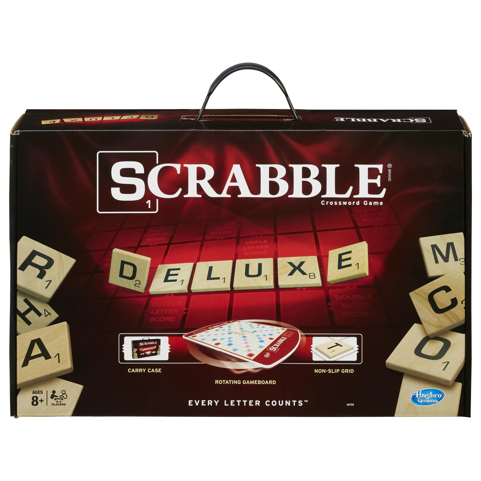 Hasbro Gaming Scrabble Deluxe Edition Letter Tiles Word Game | Rotating Board and Carrying Case | Ages 8+ | 2-4 Players | Classic Family Travel Games