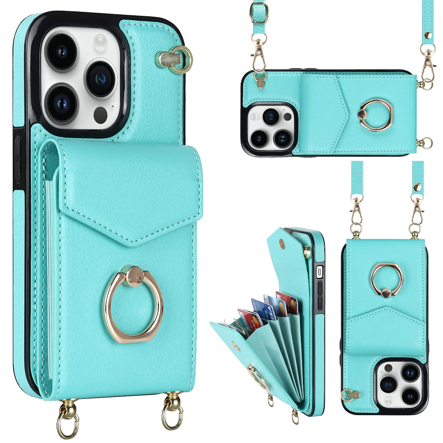 SZHAIYU Flip Leather Wallet Phone Cases for iPhone 14 Pro Max Crossbody Case with Credit Card Holder Ring Strap Lanyard 6.7'' Women RFID Blocking Protective Purse (Blue,IP 14 Pro Max)