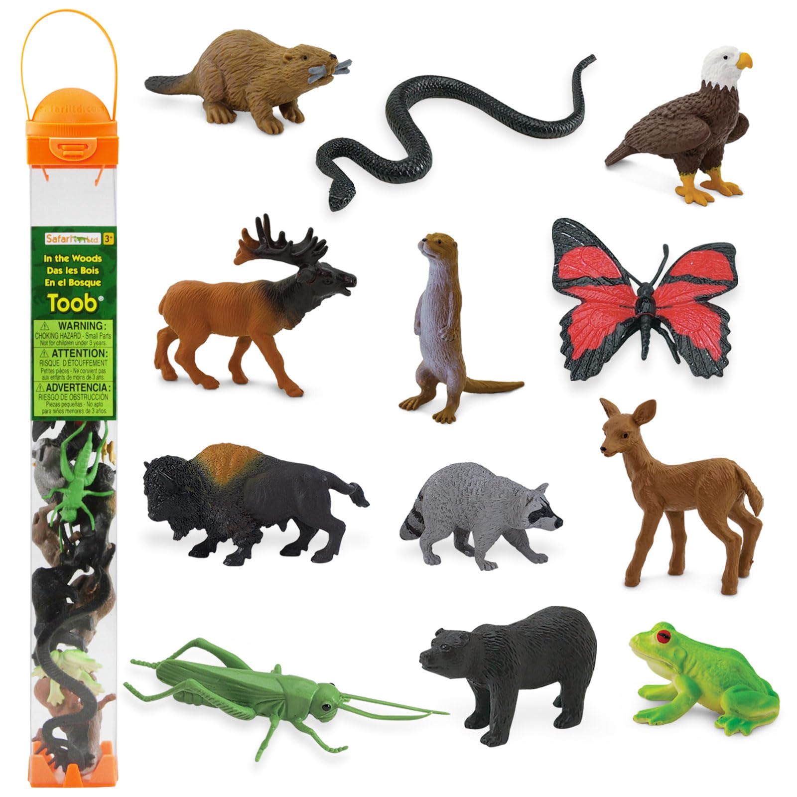 Safari Ltd In The Woods TOOB - Figurines: Elk, Otter, Monarch Butterfly, Black Bear, Snake, Eagle, Beaver, Doe, Grasshopper, Frog, Raccoon, Bison - Educational Toys for Boys, Girls & Kids Ages 3+