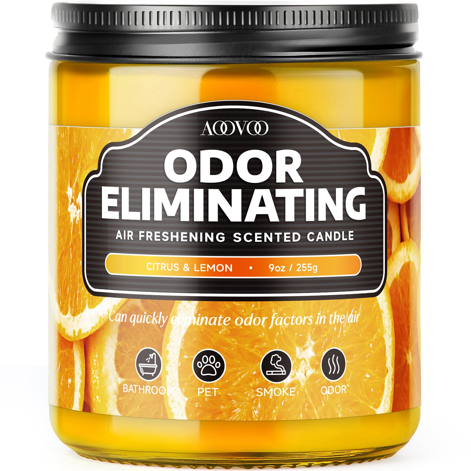 AOOVOOCitrus Lemon Odor Eliminating Highly Fragranced Candle - Eliminates 95% of Pet, Smoke, Food, and Other Smells Quickly, Wood Wick Air Freshing Soy Candle, 9 oz Up to 50 Hours Burn time