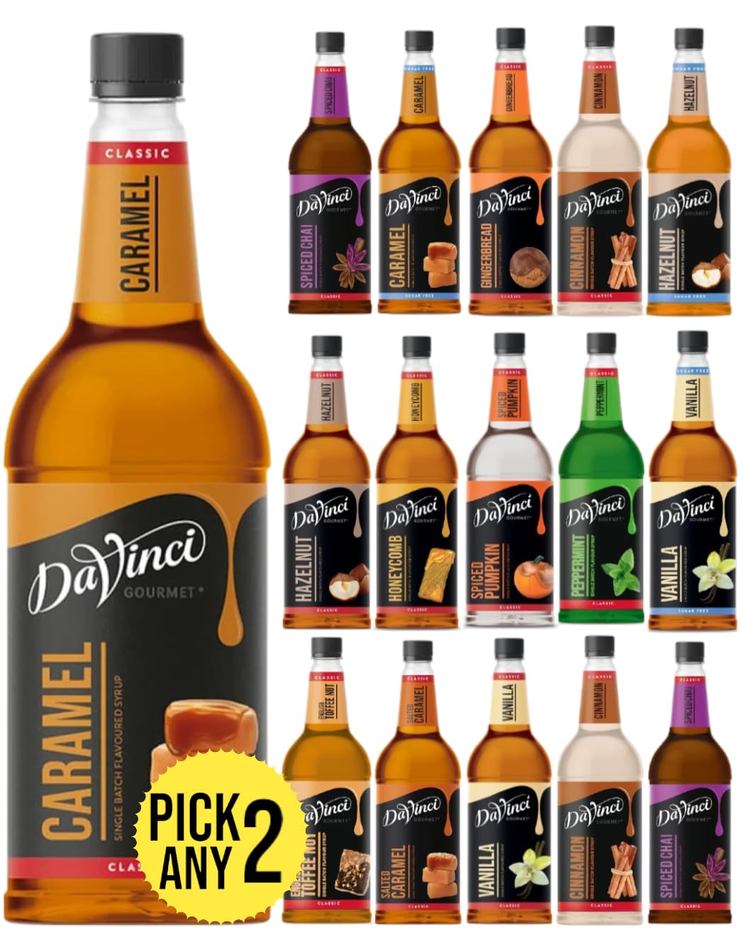 DaVinci Gourmet 1L (1000ML) Syrup for Coffee & Drinks. Pick Any 2 Bottles from 14+ Flavours Inc. Caramel, Vanilla, Hazelnut, Honeycomb, Spiced Chai, Gingerbread, Cinnamon, English Toffeenut and More.