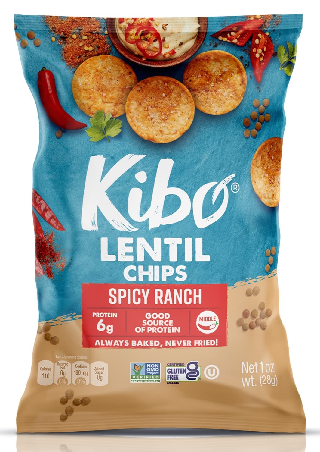 KIBO FOODSLentil Chips Spicy Ranch with 6 Grams Protein, Non-GMO Vegan Crispy & Non-Fried 1 OZ (Pack of 12)