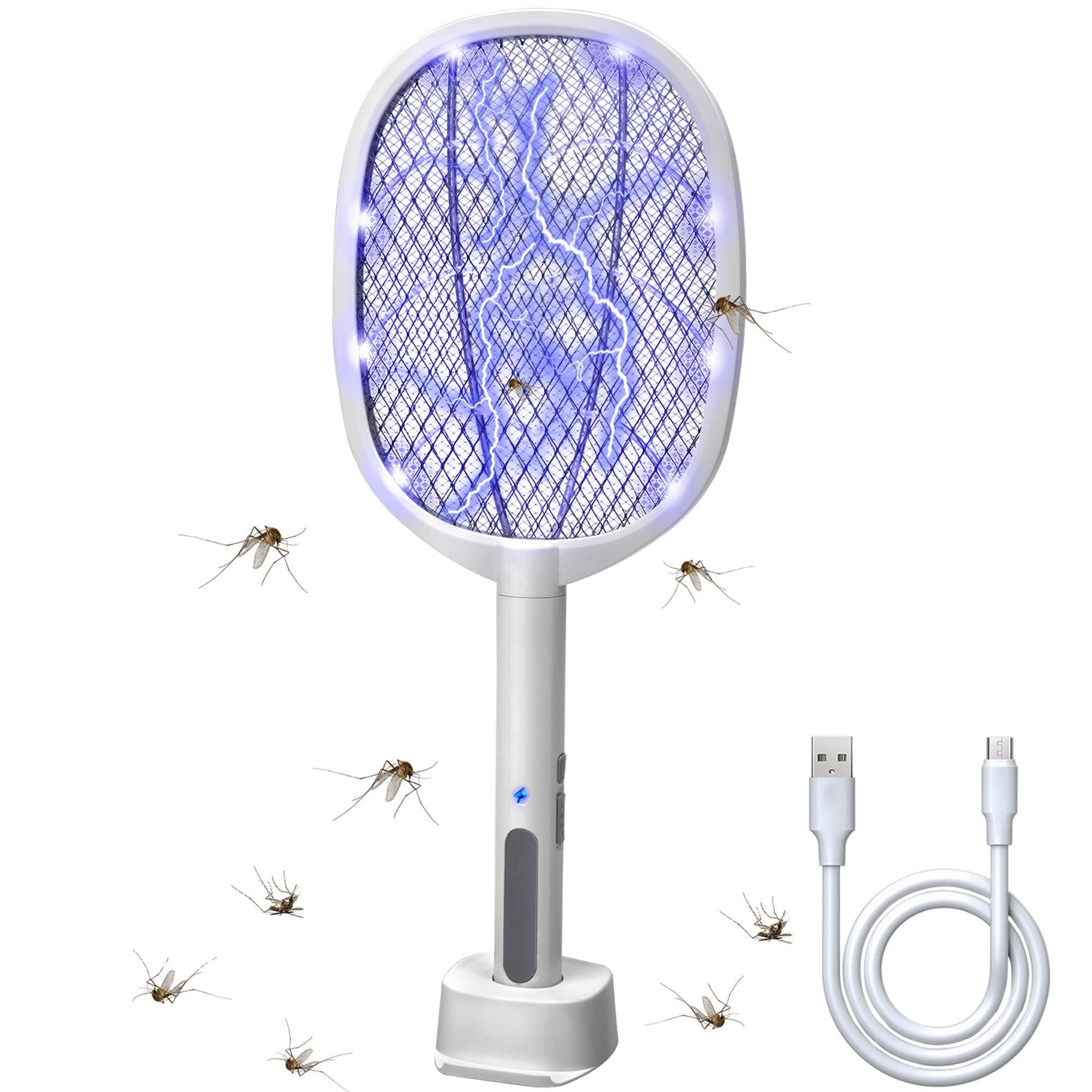 Lulu Home 2-in-1 Electric Bug Zapper Racket, 3000V High Voltage LED Lighted Handheld Mosquito Swatter with 3 Layer Safety Mesh, USB Charging Portable Fly Killer Racquet for Indoor Outdoor Use