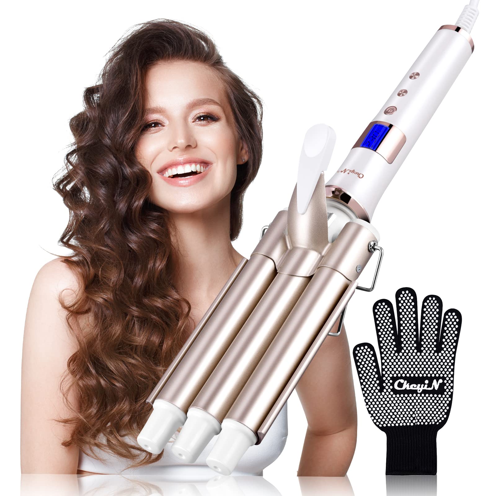 CkeyiN 3 Barrel Hair Waver, Curling Iron with LCD 16 Temperature Control Displays, Professional Ceramic Tourmaline Curling Wand, 22mm Hair Crimpers with 1 Heat Resistant Glove for All Hair Types