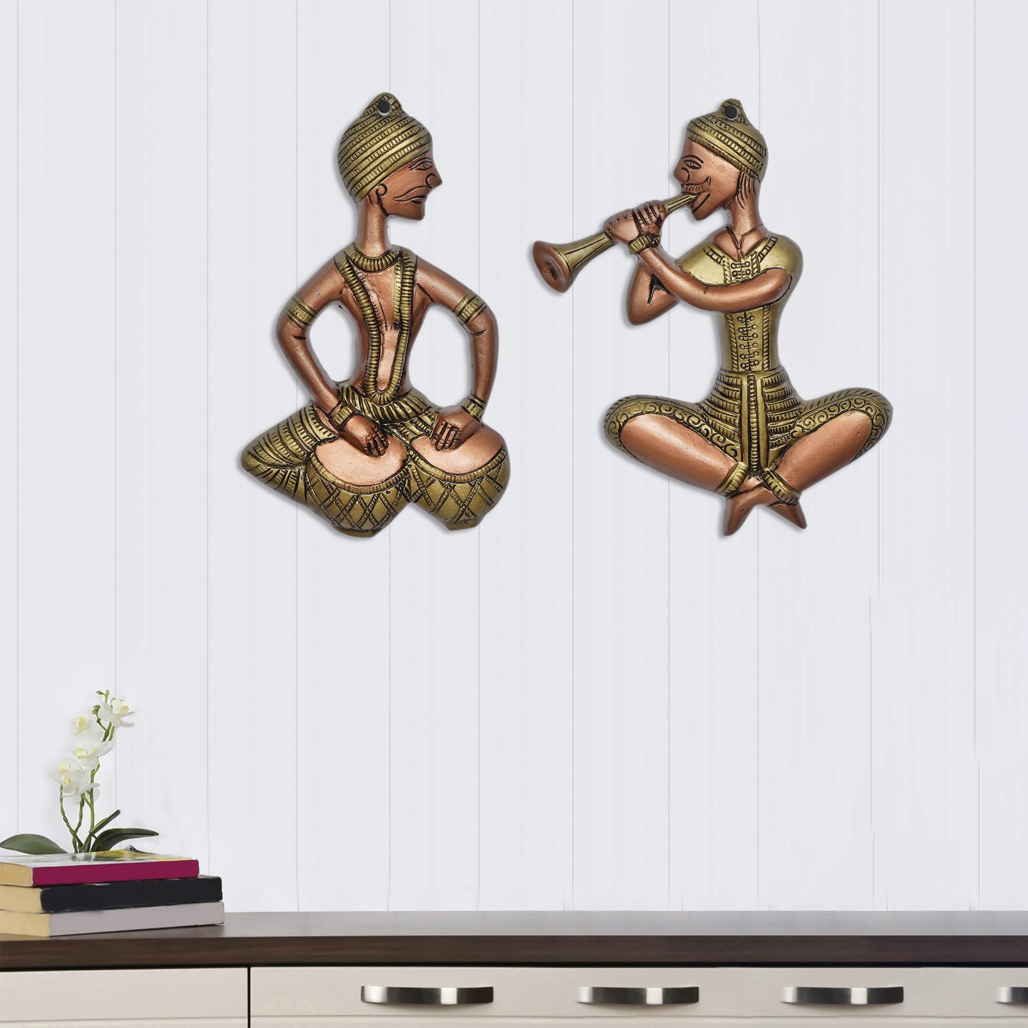 Set of 2 Musicians Brown and Golden Color Metal Wall Hanging