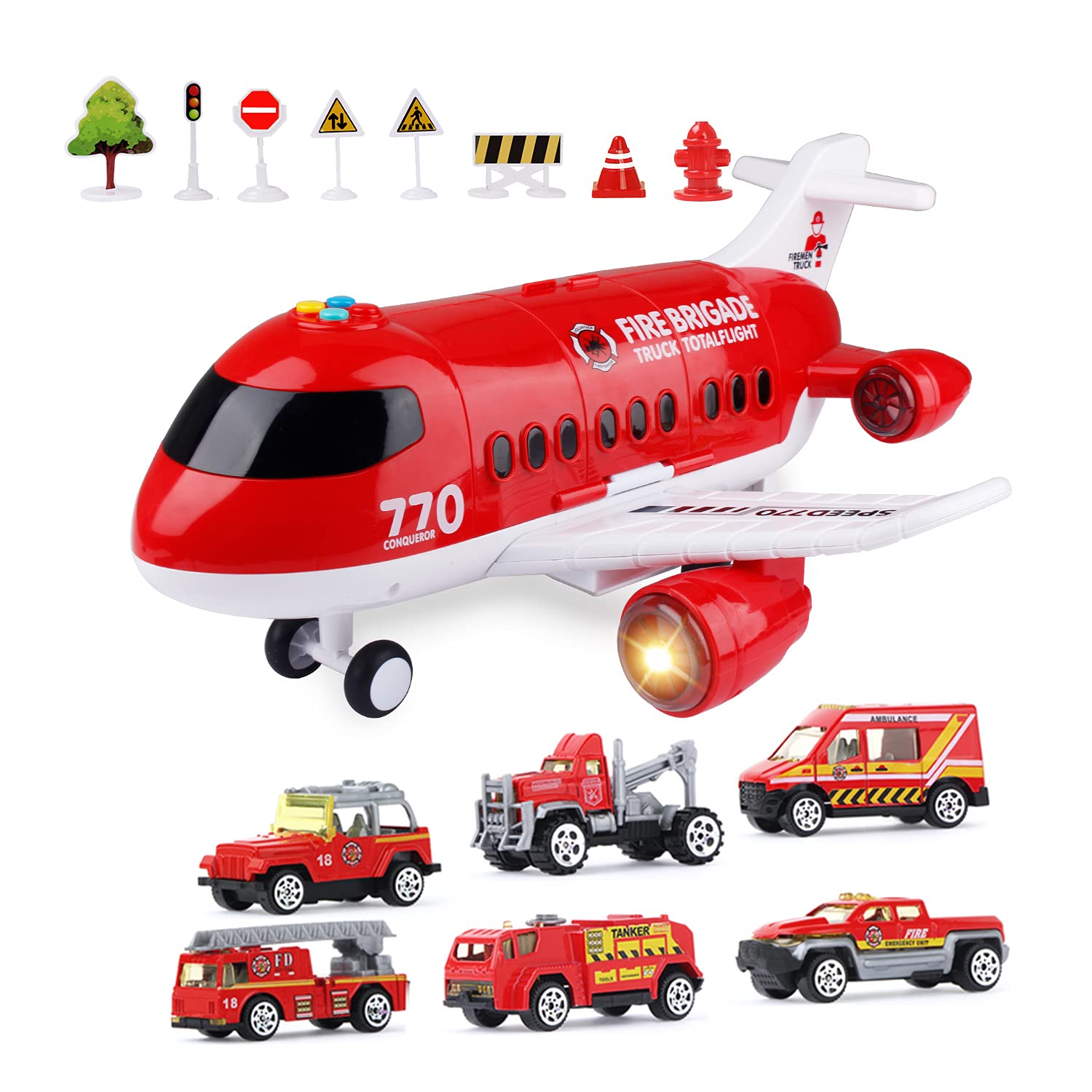 Jenilily Fire Engine Aeroplane Set, Emergency Rescue Toy Cars Play Music Vehicles for 3 4 5 Years Old Boys Kids