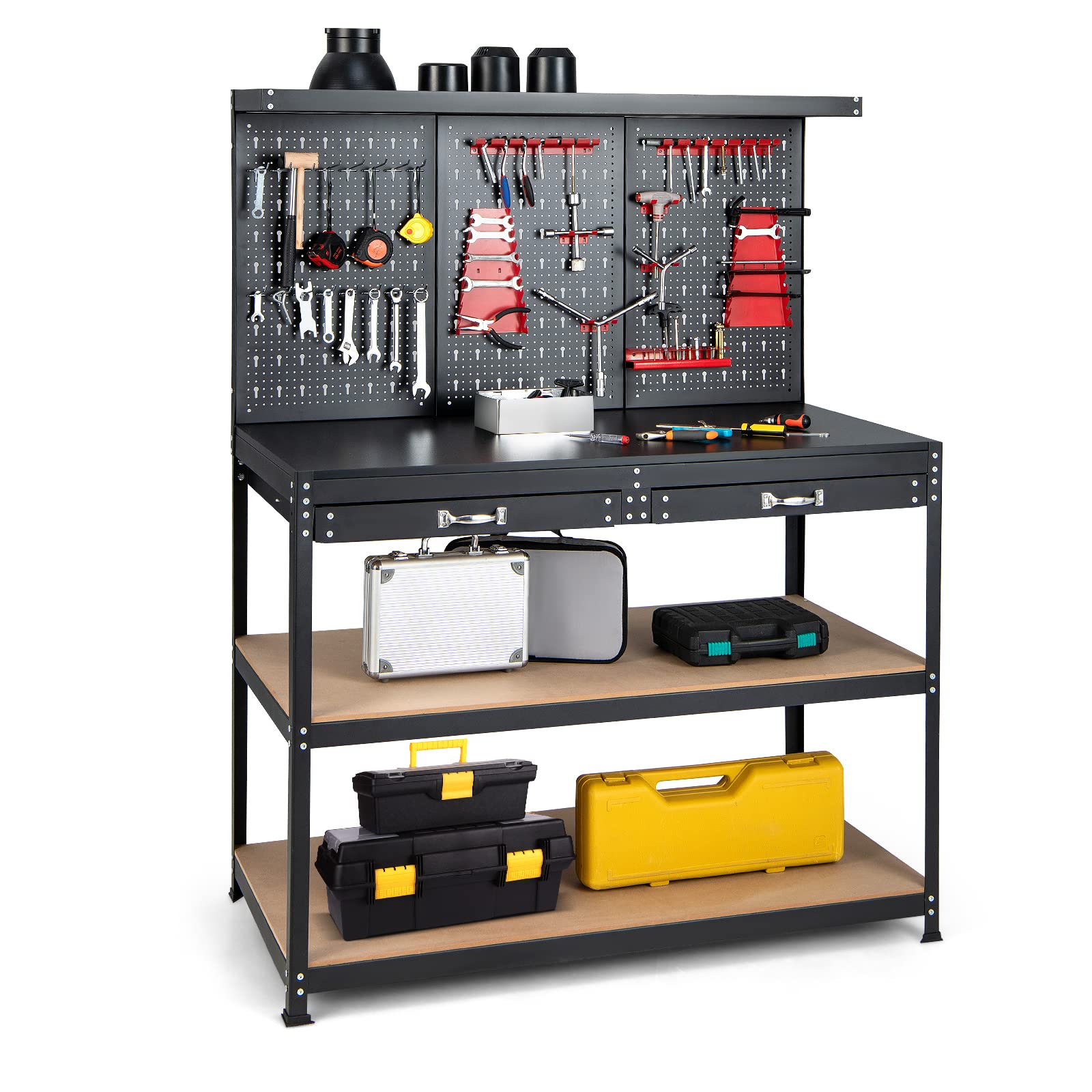 COSTWAY 121 x 61 x 156 cm Workbench with Pegboard, Metal Garage Work Bench with 2 Drawers & 25 Hanging Accessories, Heavy Duty Tool Storage Workstation Unit for Workshop Warehouse, 435kg Capacity