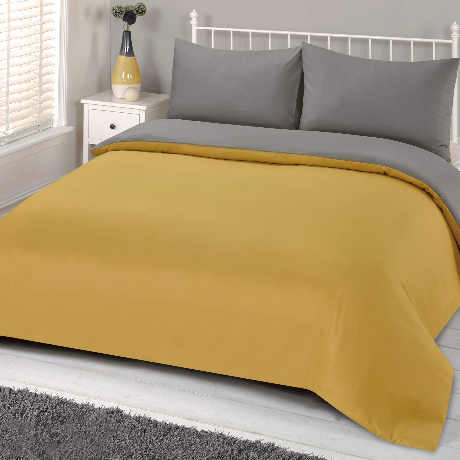 Brentfords Plain Dye Duvet Cover Quilt Bedding Set With Pillowcase, Ochre Yellow Mustard Grey - Double