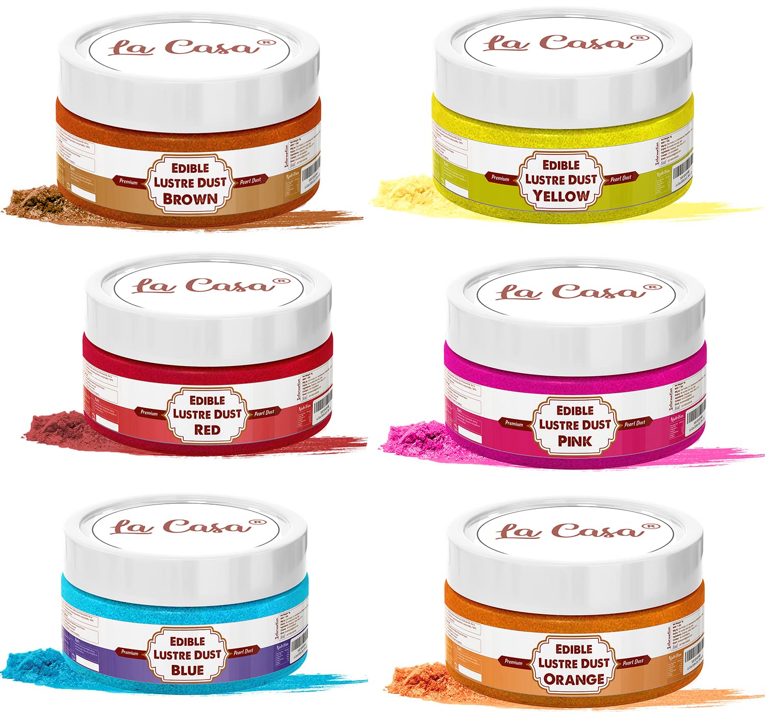 La Casa Premium Edible Lustre Dust - RED+PINK+YELLOW+BROWN+ORANGE+BLUE | Pack of 6 | Pearl Dust Ideal for Cake Icing Decoration & Garnishing | 6x9g |