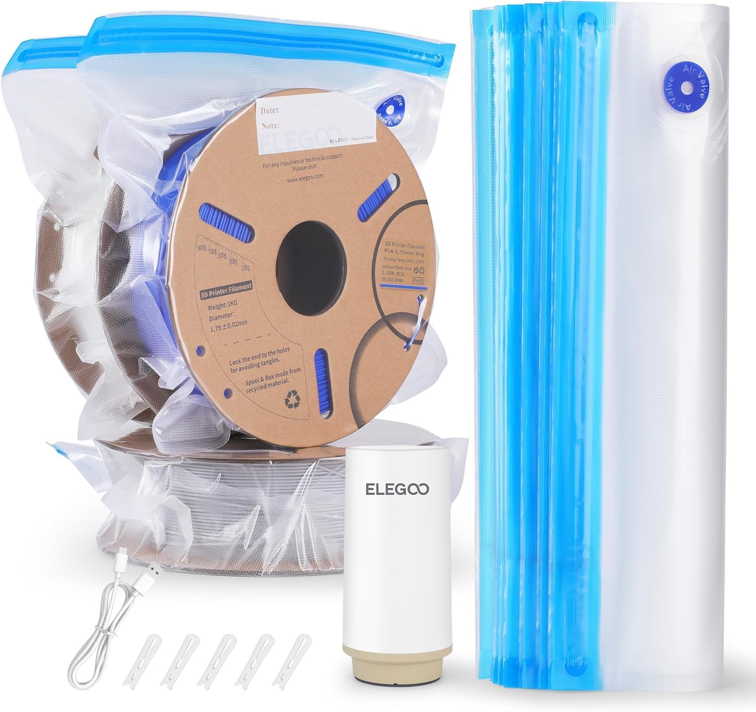 ELEGOOFDM 3D Printer Filament Storage Bag Vacuum Kit with Auto Pump, 30 Bags Vacuum Sealed, Dust Proof Humidity Resistant for Keeping Filament Dry (13.4 x 11.8inch)