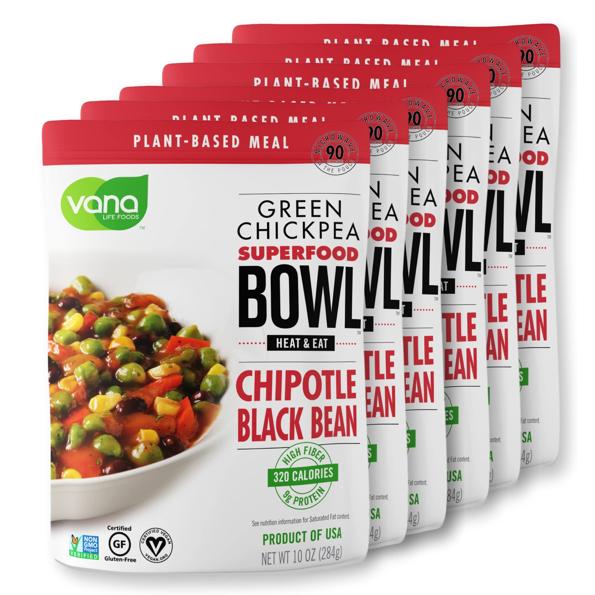 Vana Life's Foods Plant based Ready Meal - Green Chickpea Superfood Bowl Heat and Eat Microwaved Cooked Bowl | Product of the USA (Chipotle & Black Bean, 6-Pack)