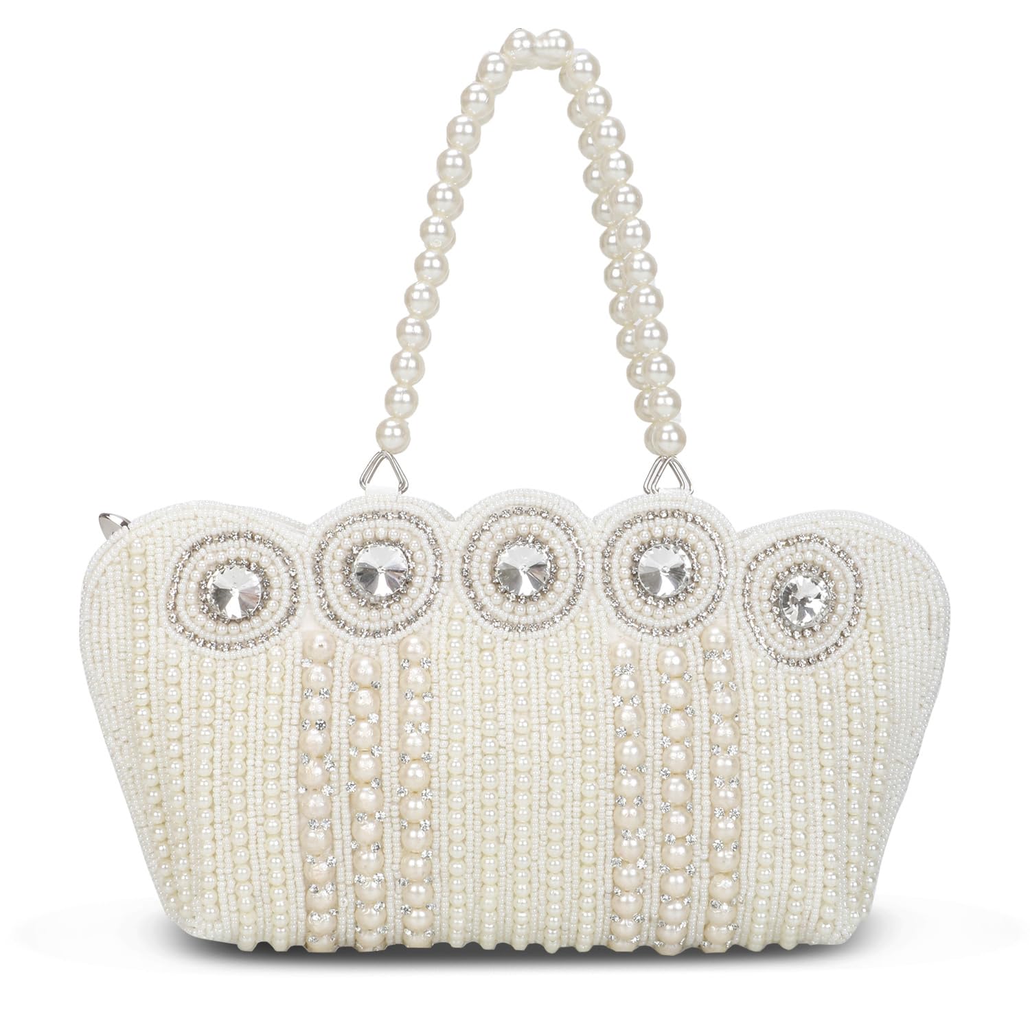 Shanvi Handicraft Women's Small Cutest Vintage Style Pearl Tote Wrist Bag Evening Clutch Purse, White