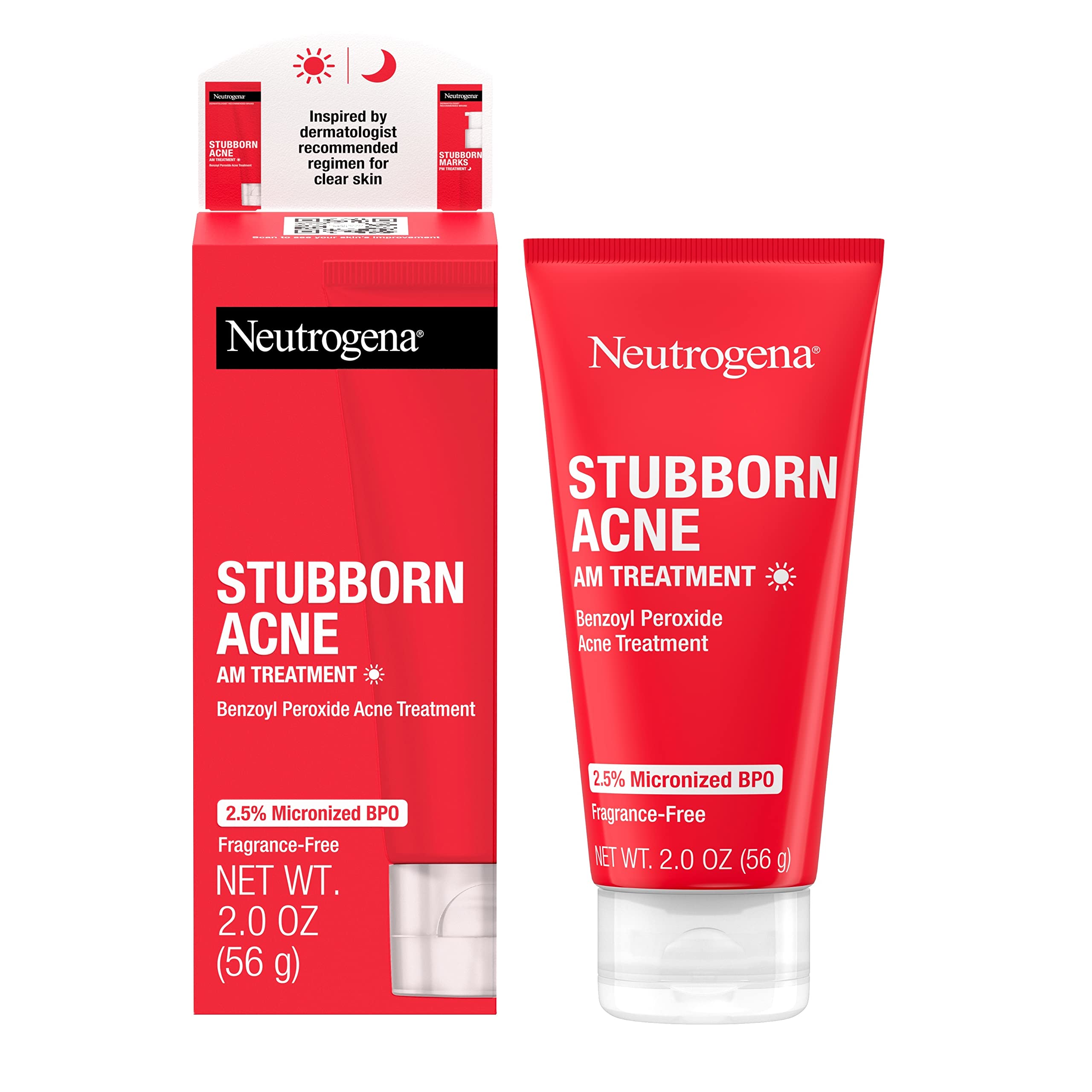 Neutrogena Stubborn Acne AM Face Treatment with 2.5% Micronized Benzoyl Peroxide Acne Medicine, Oil-Free Daily Facial Treatment to Reduce Size & Redness of Breakouts, Paraben-Free, 2 oz