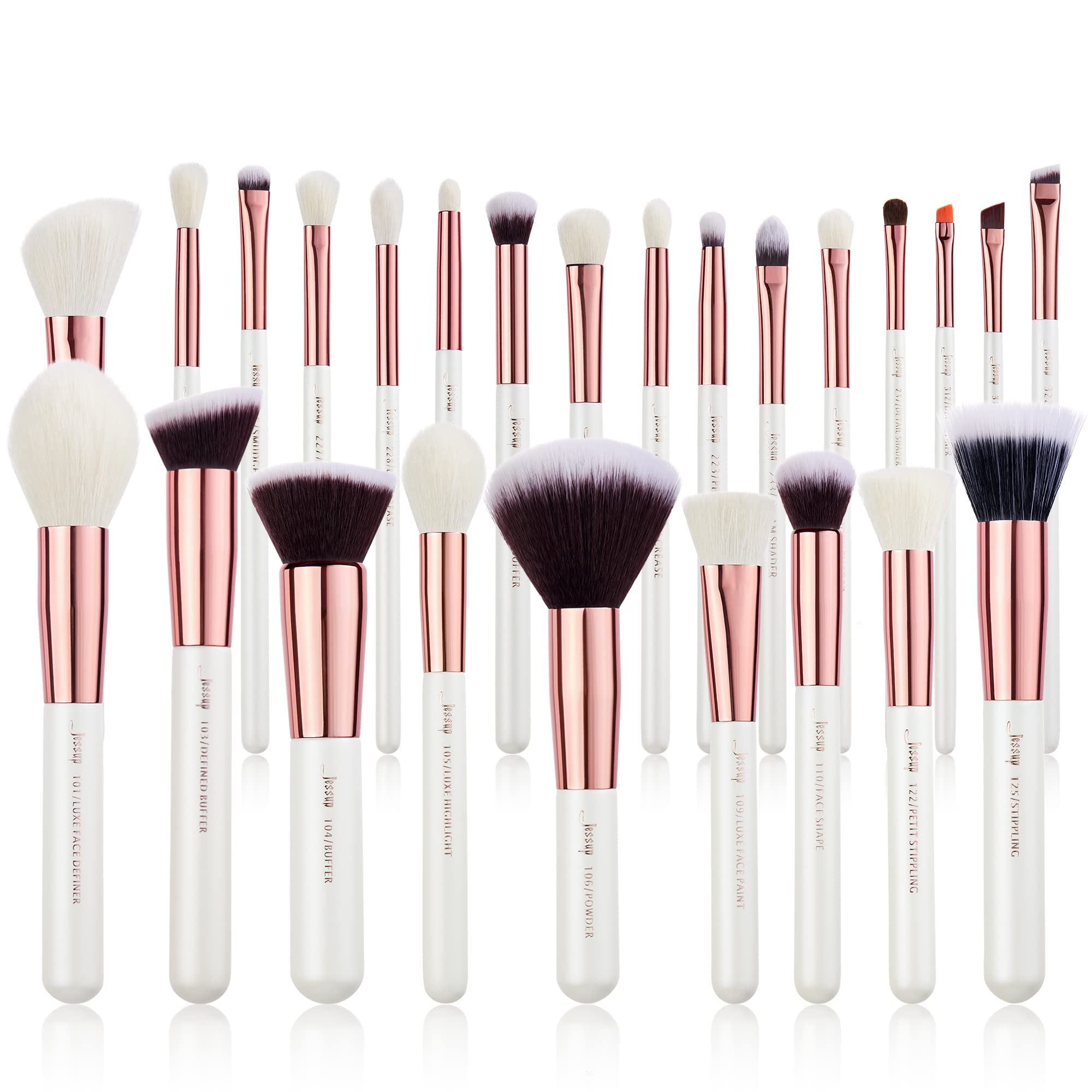 Jessup Brand 25pcs Professional Makeup Brush set Beauty Cosmetic Foundation Power Blushes eyelashes Lipstick Natural-Synthetic Hair Brushes (Pearl White/Rose Gold)