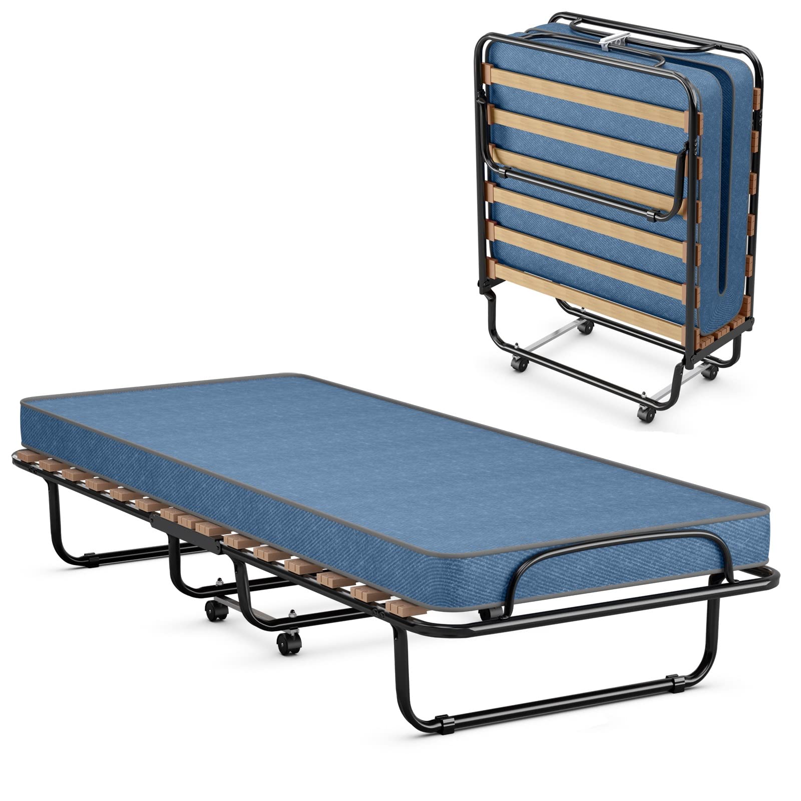 GIANTEXFolding Guest Bed, 80 x 190 cm, Adults, Single Bed with Memory Foam Mattress, Travel Cot with 4 Wheels, Folding Bed, Metal Bed, Metal Frame, 130 kg Load Capacity (Blue)