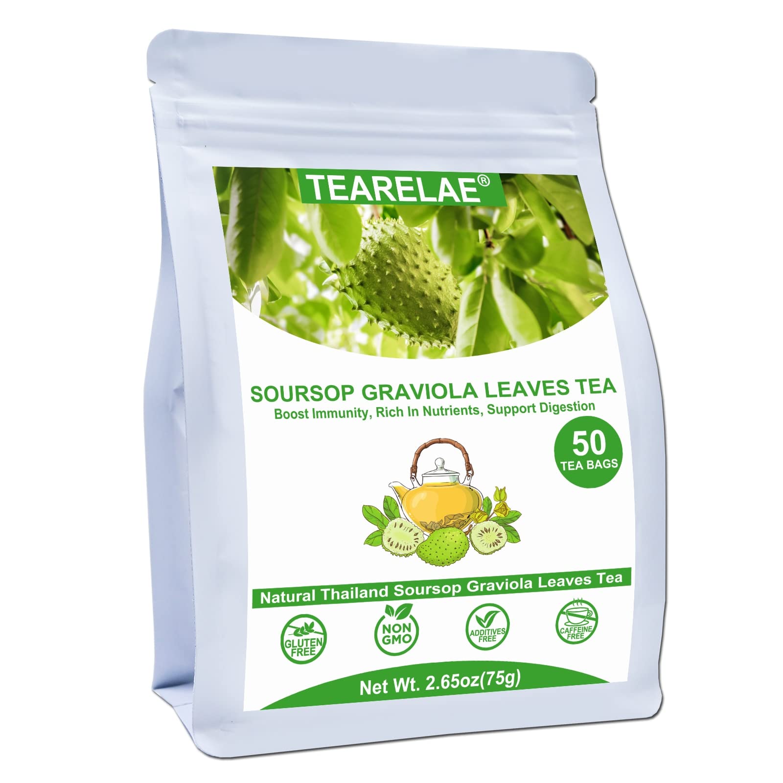 TEARELAE - Soursop Leaves Tea - 1.5g x 50 Count - 100% Pure Soursop Graviola Leaves Tea Bag - Country of Origin Thailand - Support Digestion & Rich in Nutrients