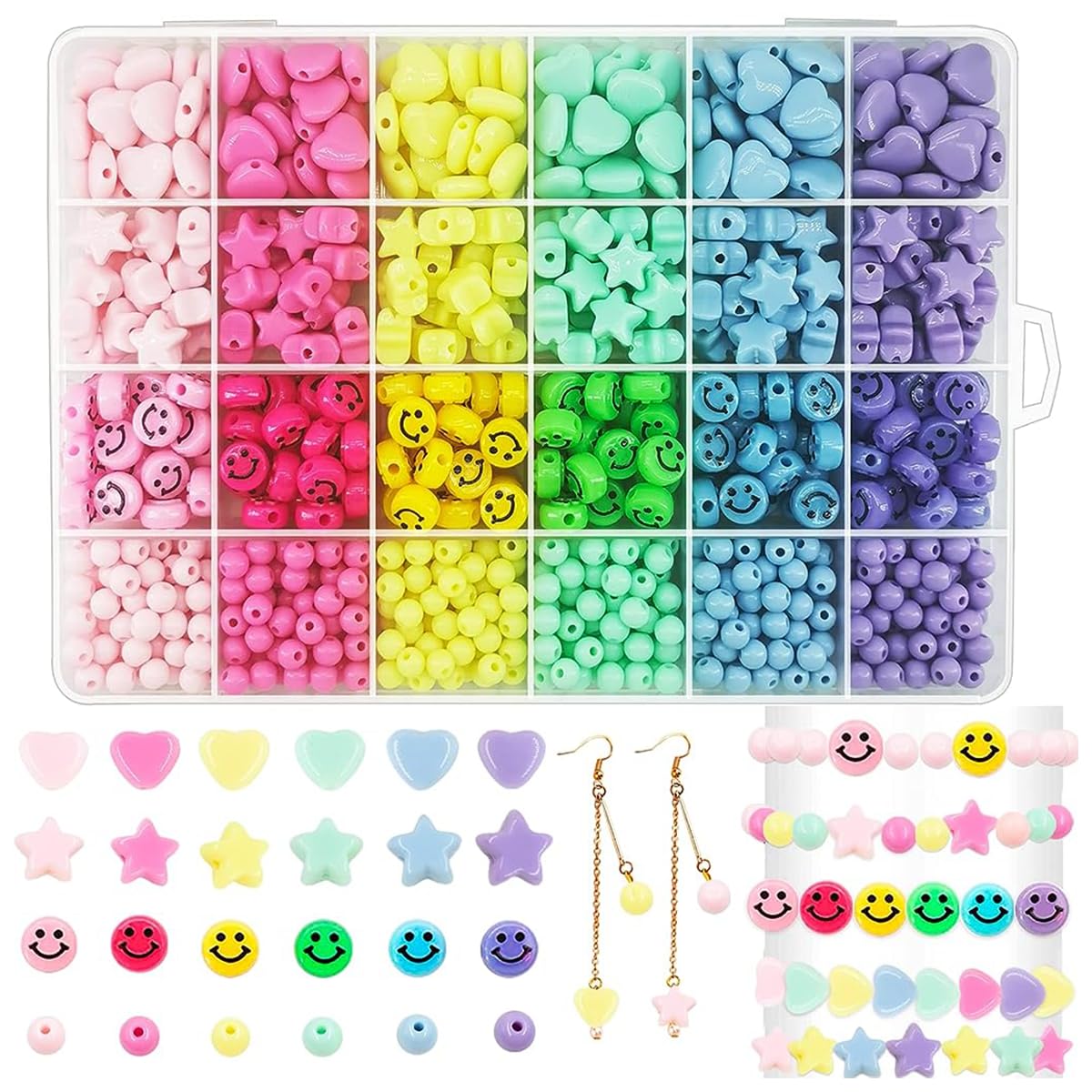 SANNIDHI® 600pcs Beads for Bracelet Making, Aesthetic Beads for Jewellery Making, Girls Kids Candy Acrylic Pastel Beads for Craft, Assorted Happy Face Star Heart Circle Beads Set for Necklace DIY