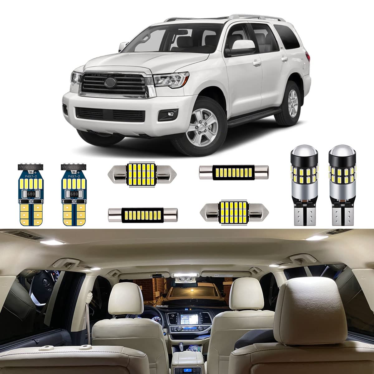 20 Piece White LED Interior Lights Kit for Toyota Sequoia 2008 2009 2010 2011 2012 2013 2014 2015 2016 2017 2018 2019 2020 2021 Super Bright 6000K LED Light Bulbs Package + Install Tool