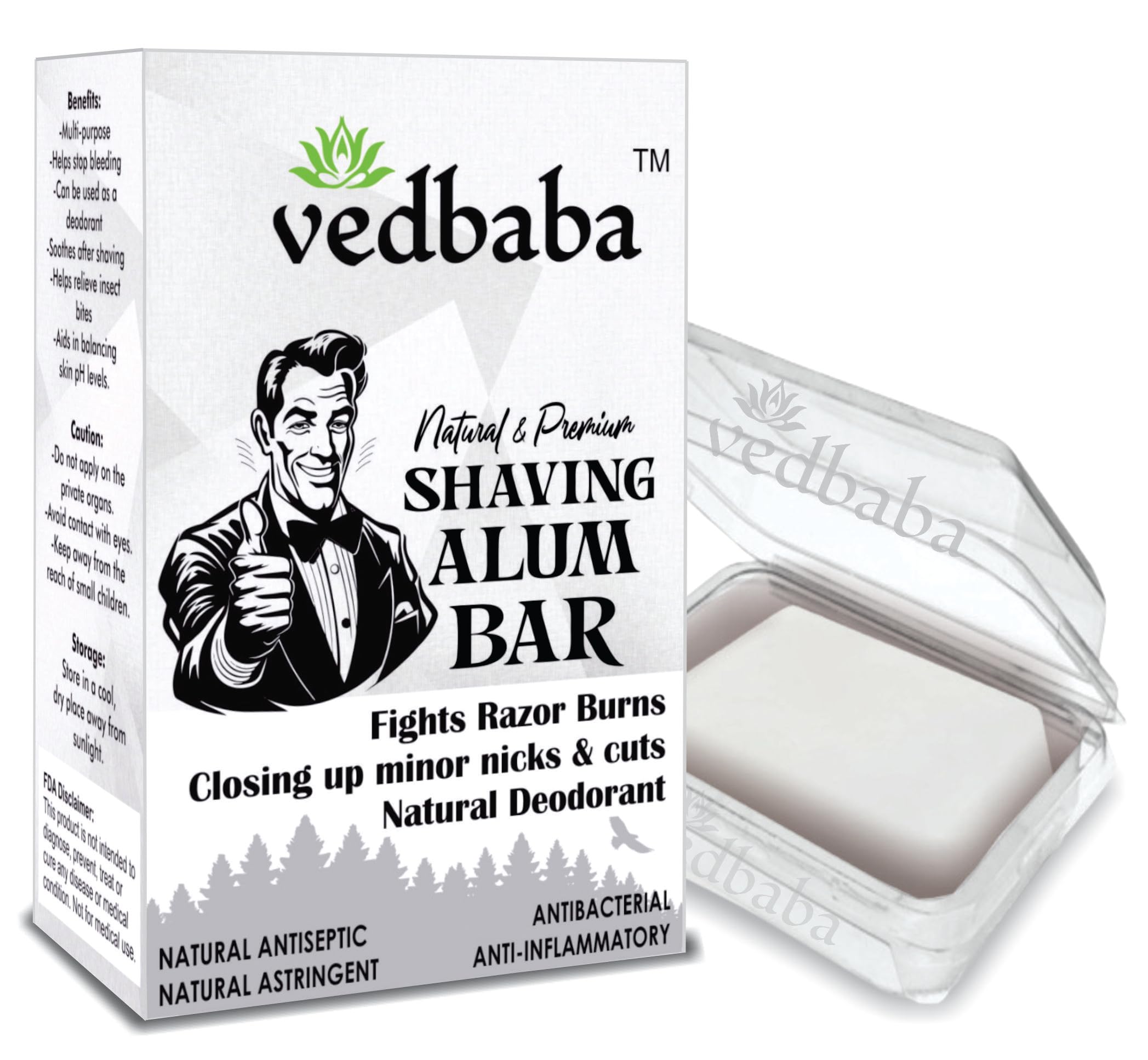 Ved Baba Shaving Alum Bar - 100g (PACK OF 2) with a Travel Case | Alum Block | Fitkari Stone Bar | Phitkari Alum Stone For Face, Underarms, Skin Tightening, After Shaving, Water Purification