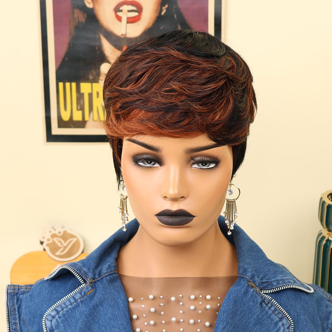 Yviann 100% Human Hair Pixie Wavy Short Wigs with Bangs Mixed Brown Color Pixie Cut Wig Human Hair #33Color Brazilian Remy Hair Daily Wear