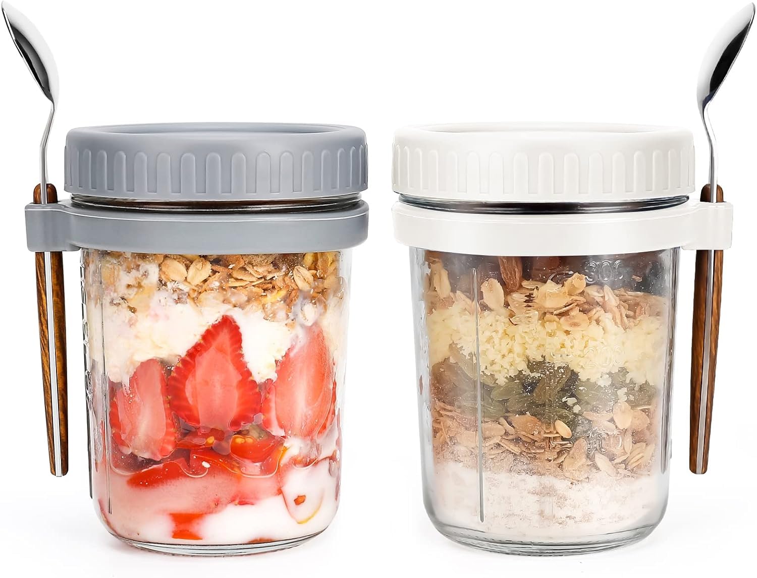 PrimeWorld 350 ml Oats Jar set of 2 Oats Containers With Lids And Spoons Glass Mason Jars For Overnight Oats Leak Proof Oatmeal Container with Measurment For Cereal Fruit Vegetable Milk Salad Yogurt