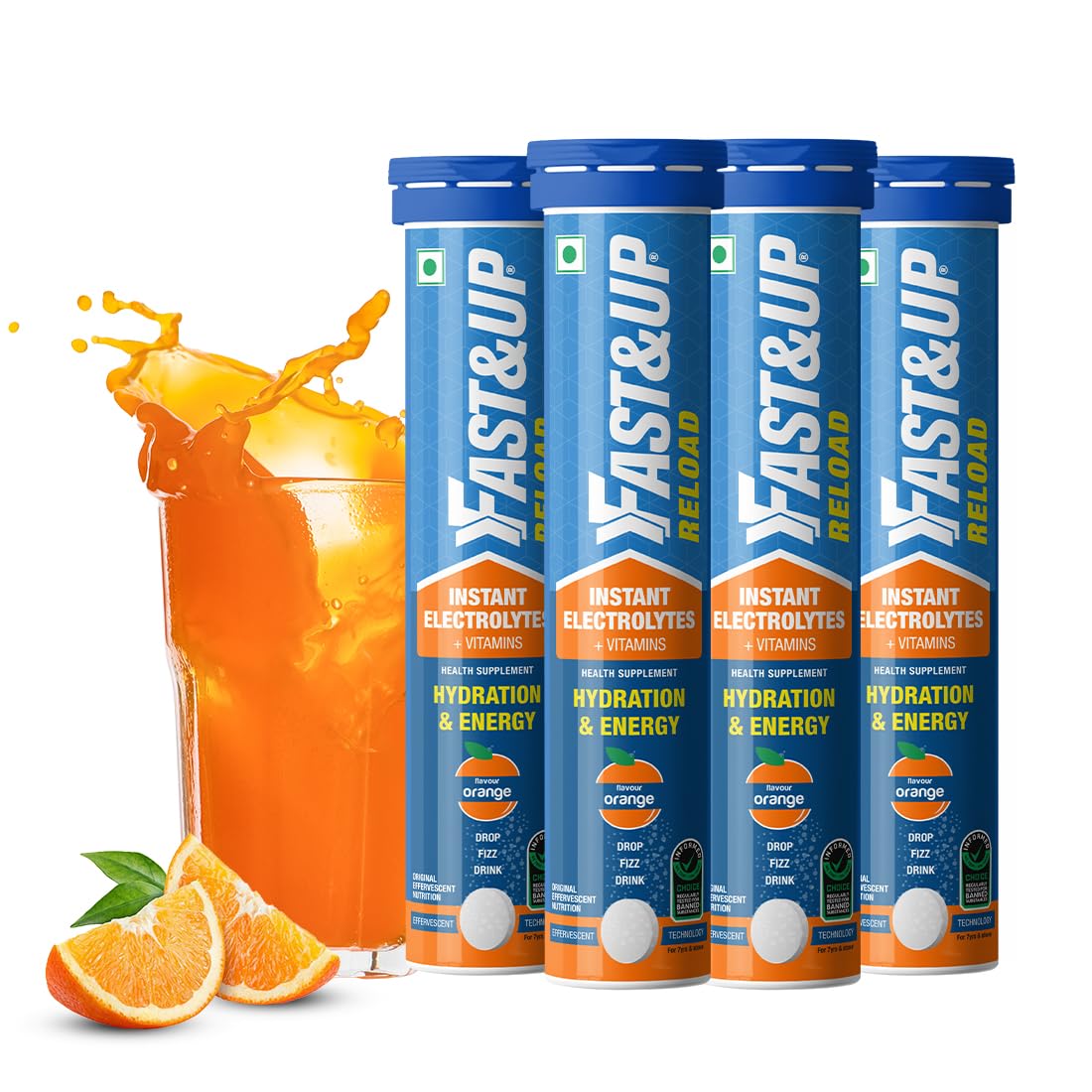 Fast&Up Reload (20 Litres) Low Sugar energy drink for Instant Hydration - 80 Effervescent Tablets with all 5 Essential Electrolytes + Added Vitamins - Certified Electrolytes Drink - Orange flavour