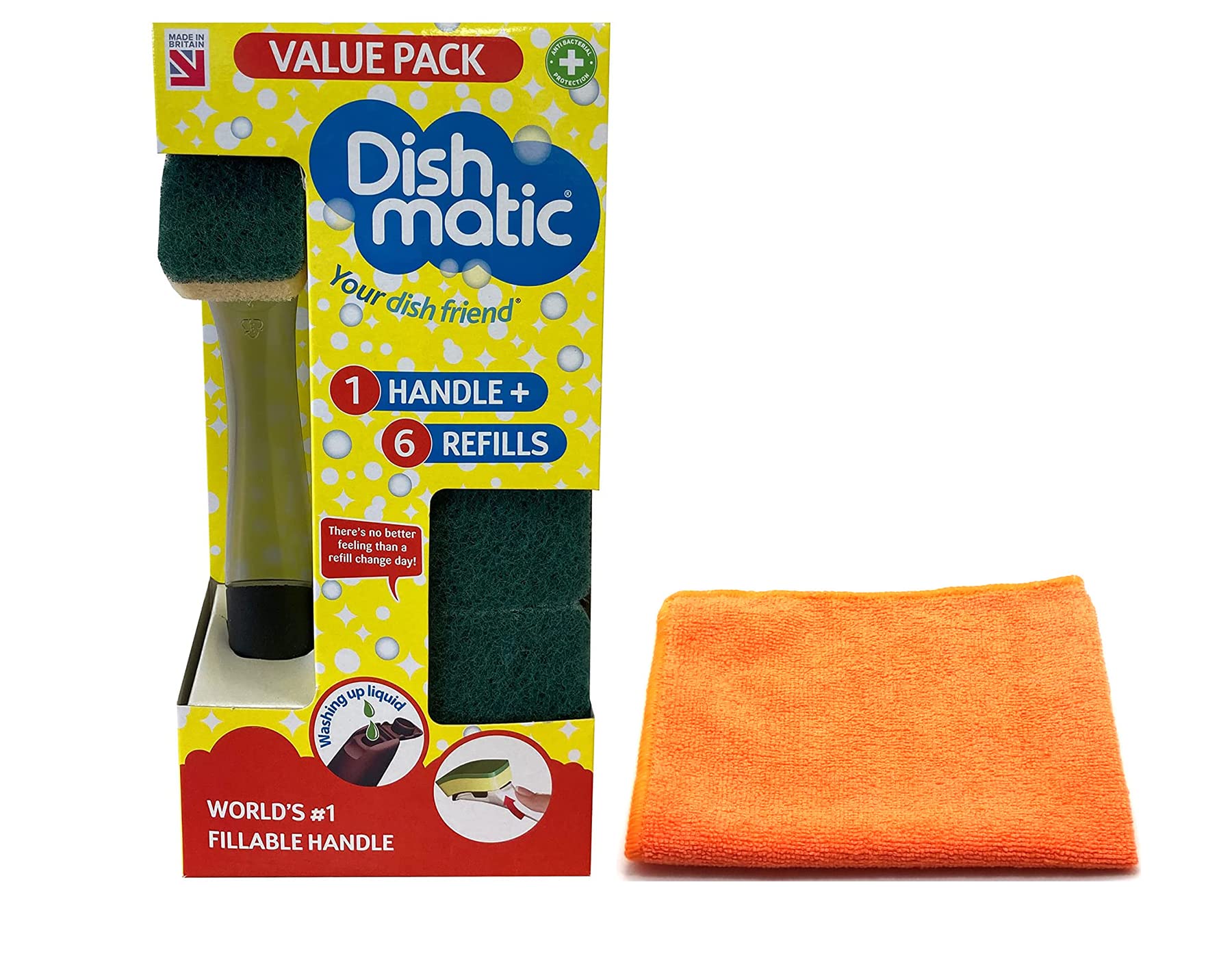 Dishmatic Fillable Washing Up Brush with Sponge [Value Pack Kit] - Easy Grip Dish Cleaner and 6X Replaceable Sponge Heads- with Ultra Absorbent Microfibre Cleaning Cloth