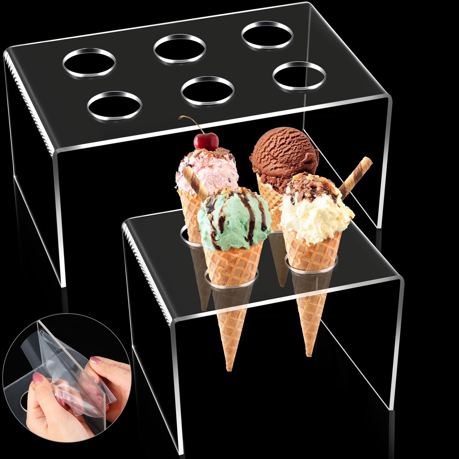 2 Pieces Ice Cream Cone Holder Stand with 4/6 Holes Capacity Clear Acrylic Waffle Cone Holder for Ice Cream Cones Snow Cone Hand Roll Sushi Popcorn Sweets Savory with Sticky Protective Film