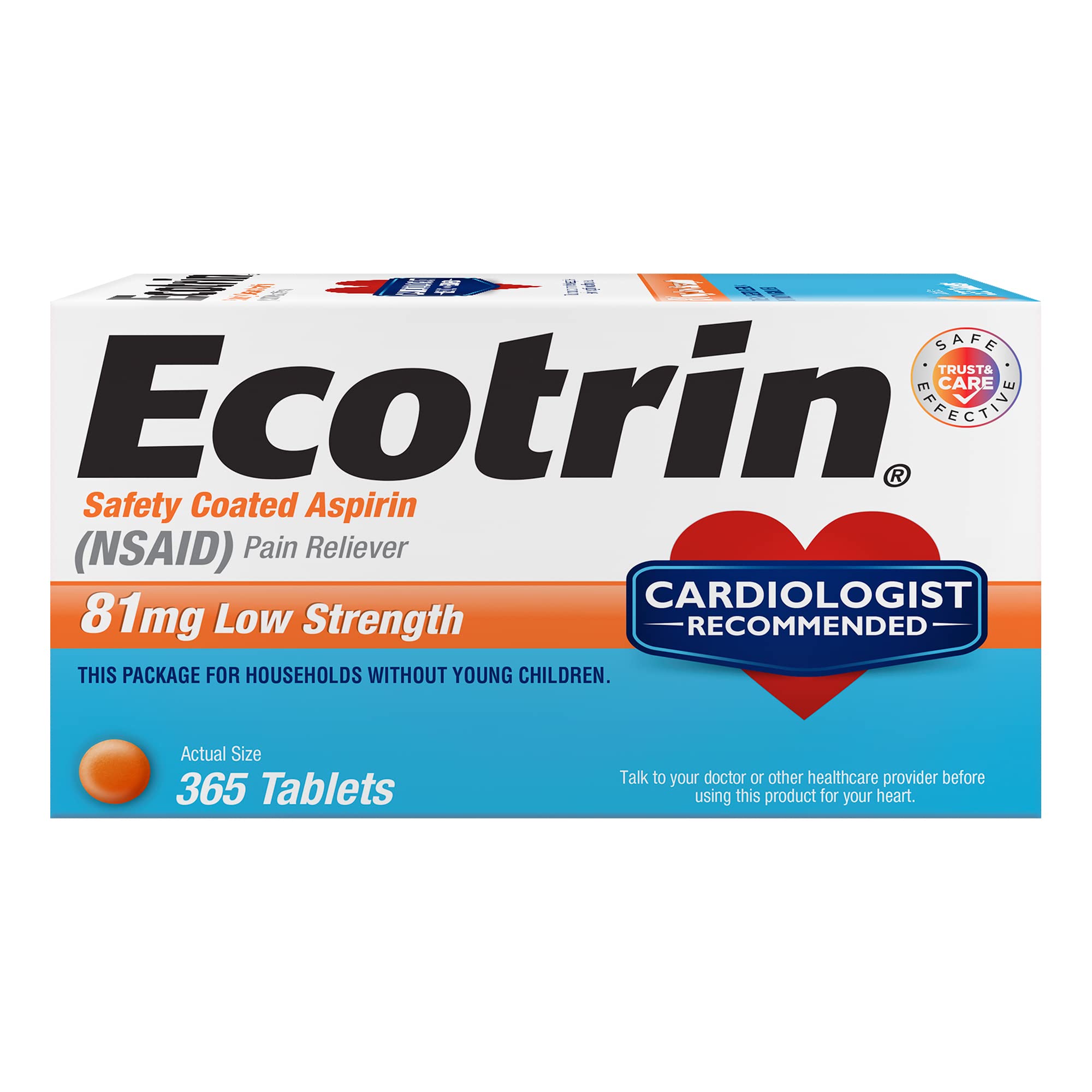 Ecotrin Low Strength Safety Coated Aspirin | NSAID | 81mg | 365 Tablets