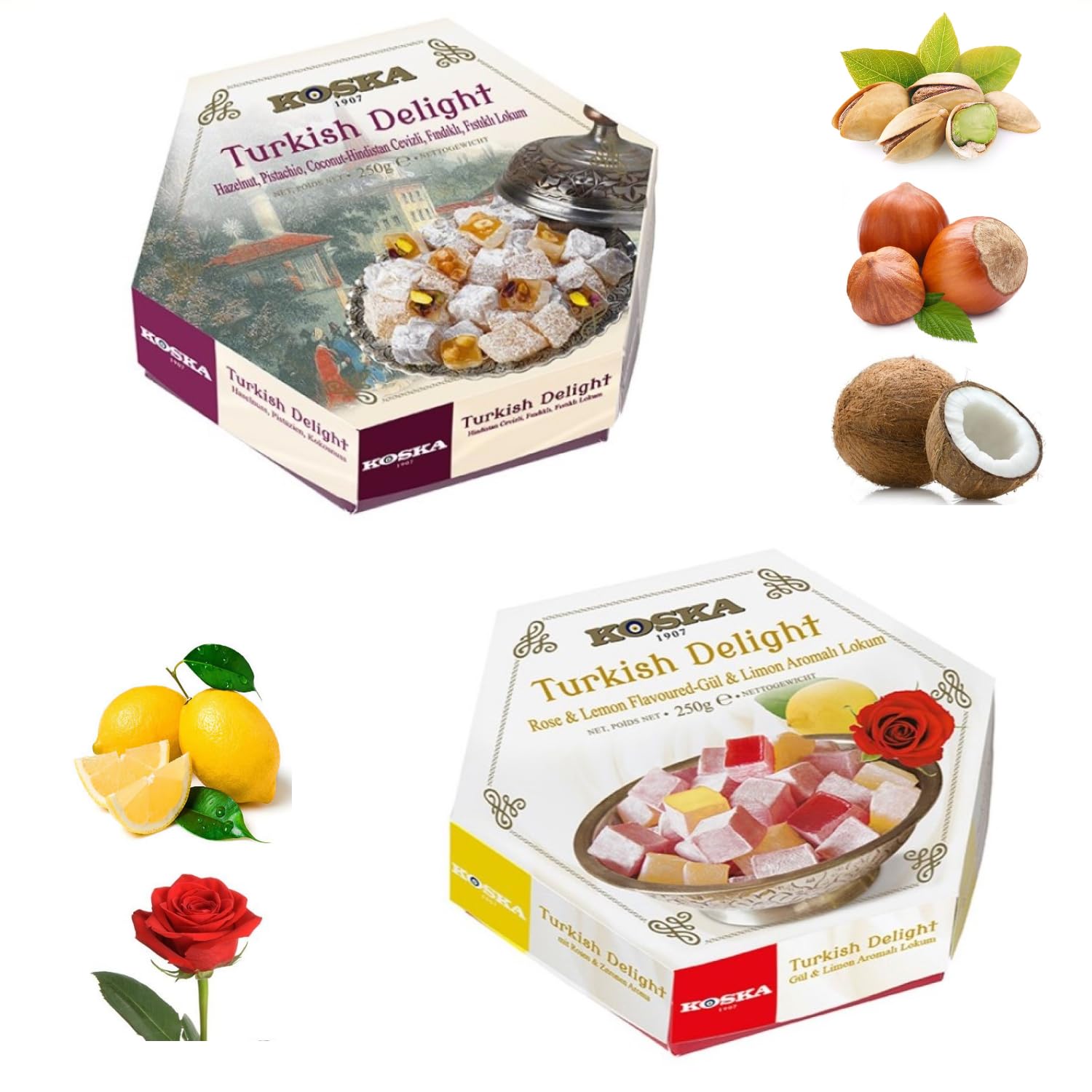 Turkish Delight Candy Gift with Mix Flavours | Pack of 2 | Pistachio, Hazelnut, Coconut, Rose, and Lemon | 2 packs Snacks | Sweet Luxury Traditional Vegan Halal Kosher Soft Dessert Lokum (Loukoumi) (17.6 Ounce)