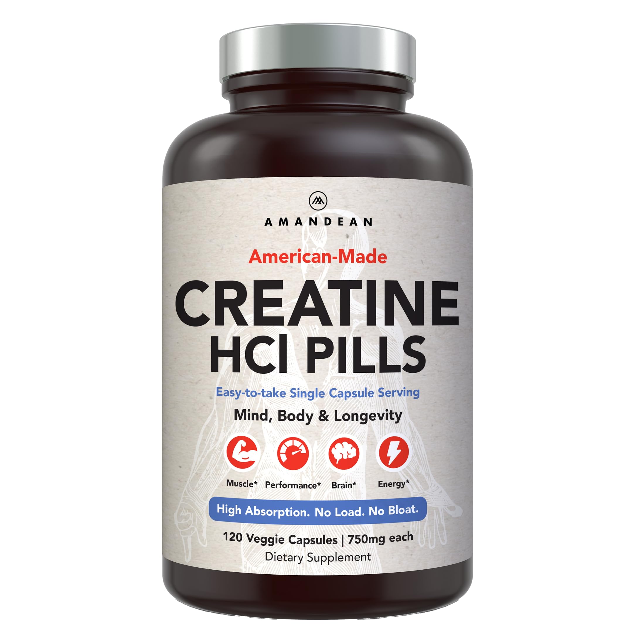 AMANDEAN Creatine HCl Pills. American Made CON-CRET. 120 Veggie Capsules. 7X Concentrated vs Monohydrate Powder. Supports Muscle Growth, Energy, Cognitive Function, Recovery. Gluten Free, Non-GMO.